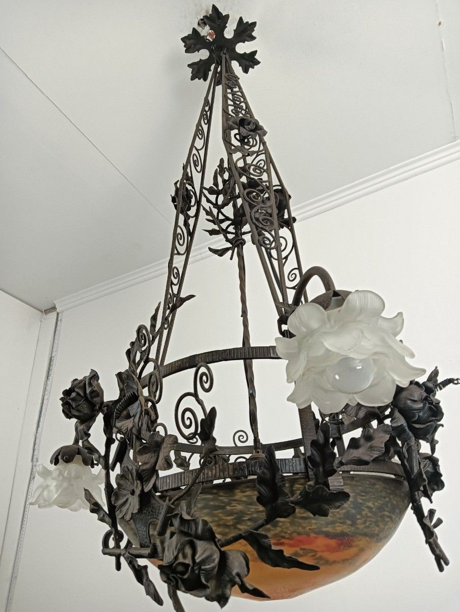 Large Wrought Iron Pate De Verre Shade 3 Arm 4 Lights Exquisite Antique Art Deco photo for sale