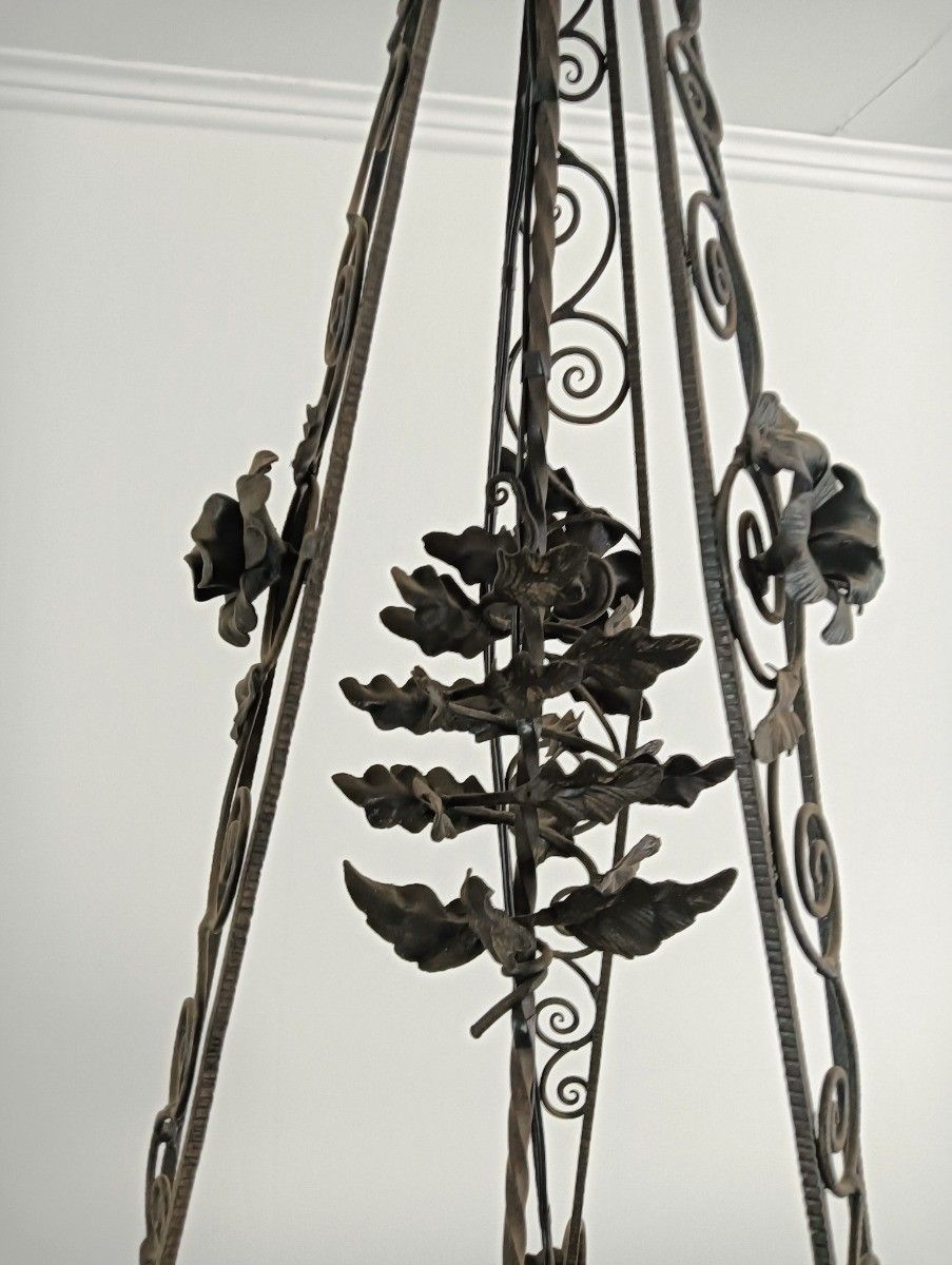 Large Wrought Iron Pate De Verre Shade 3 Arm 4 Lights Exquisite Antique Art Deco photo vintage