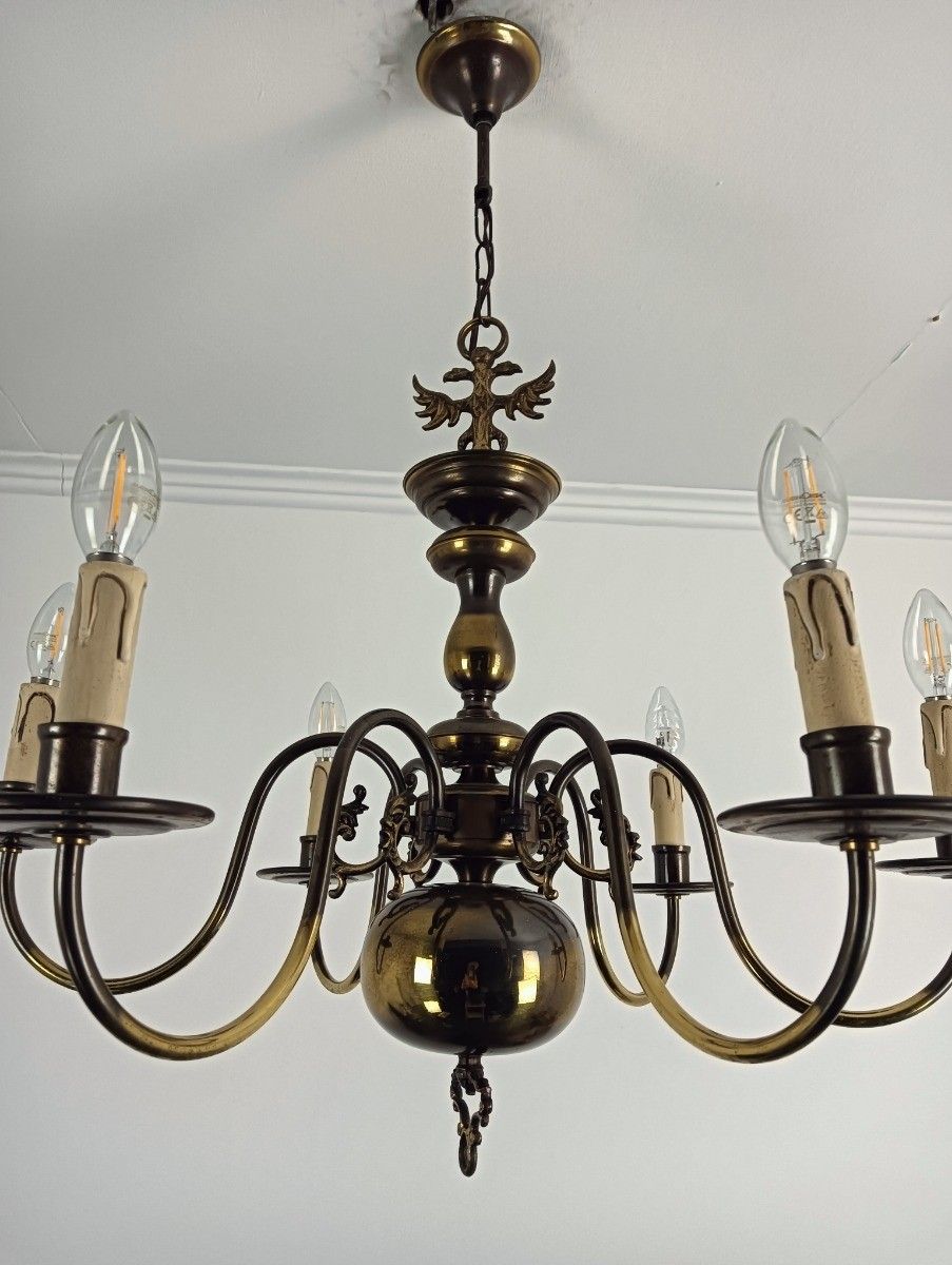 Flemish Dutch Chandelier 6 Arm Lights Brass Eagles Farm Countryhouse  Vintage photo vinterior