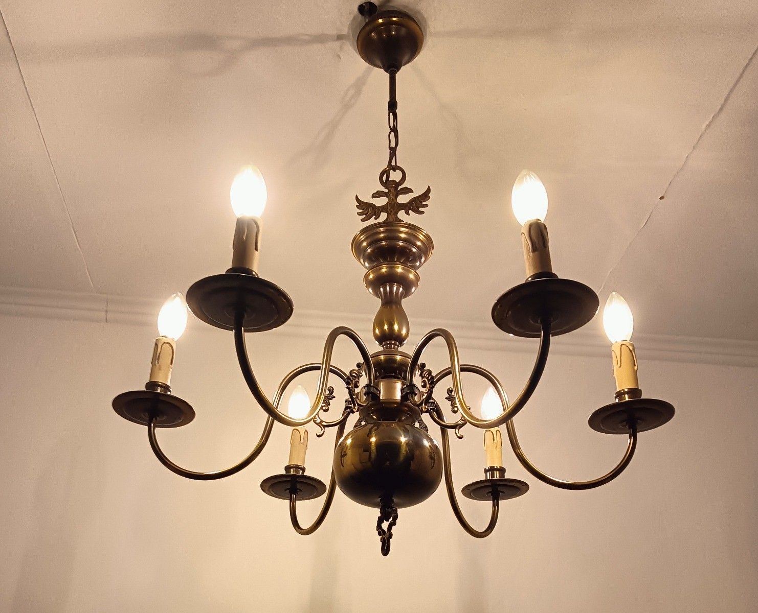 photo for sale Flemish Dutch Chandelier 6 Arm Lights Brass Eagles Farm Countryhouse  Vintage