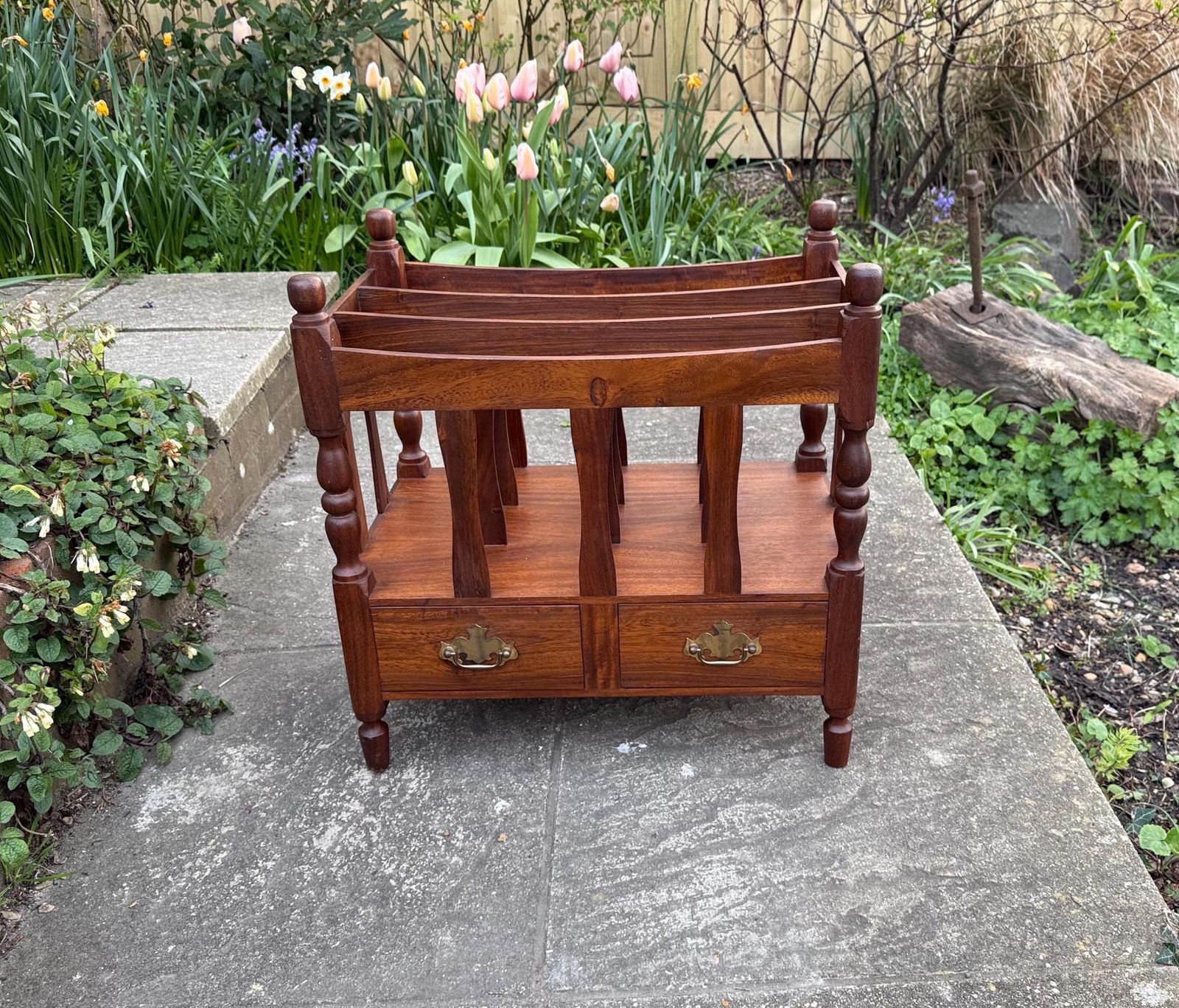 Vintage Wooden Canterbury Magazine Rack With Drawers Turned Spindles Traditional Storage