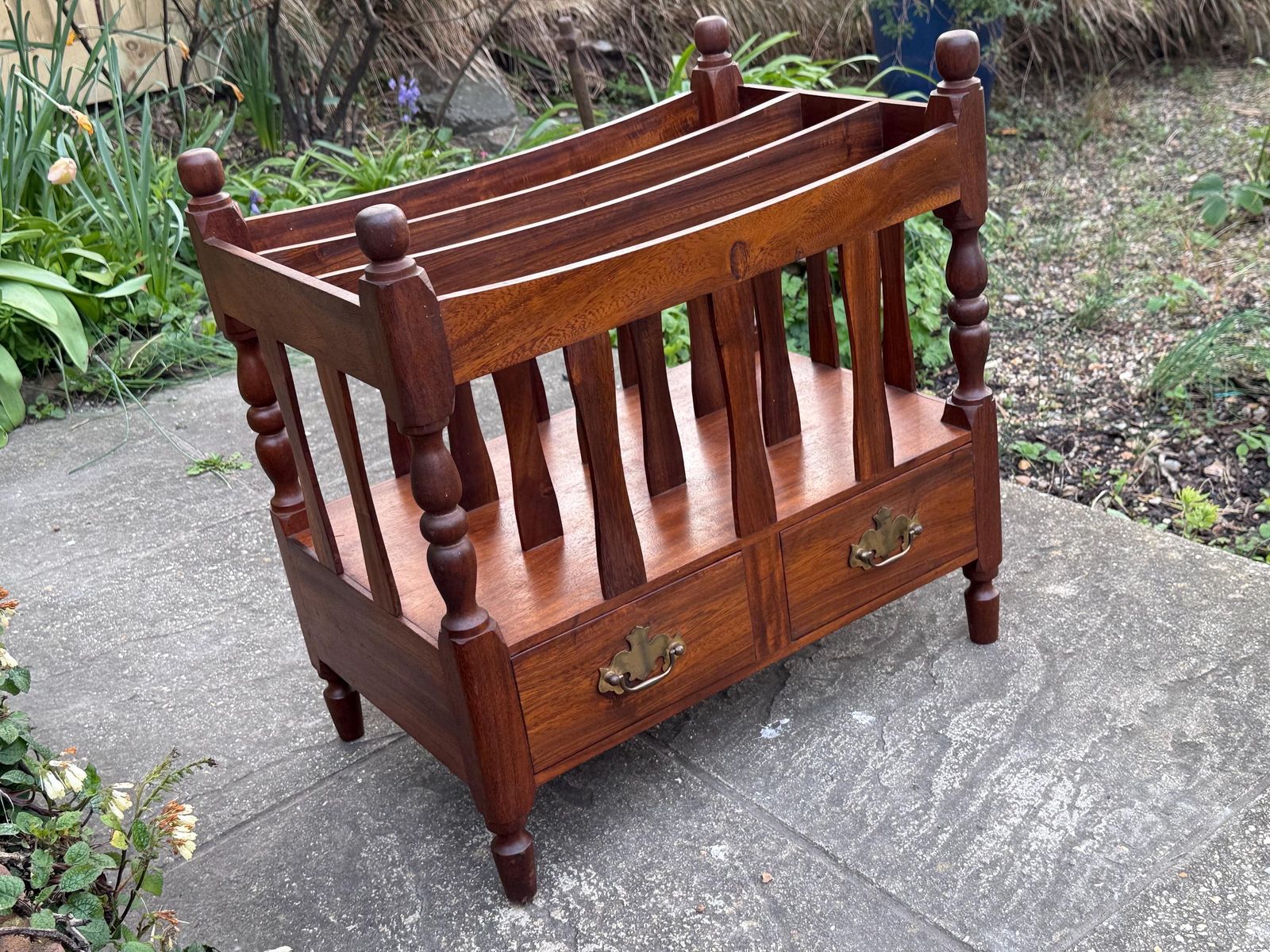 Vintage Wooden Canterbury Magazine Rack With Drawers Turned Spindles Traditional Storage photo Home Decor