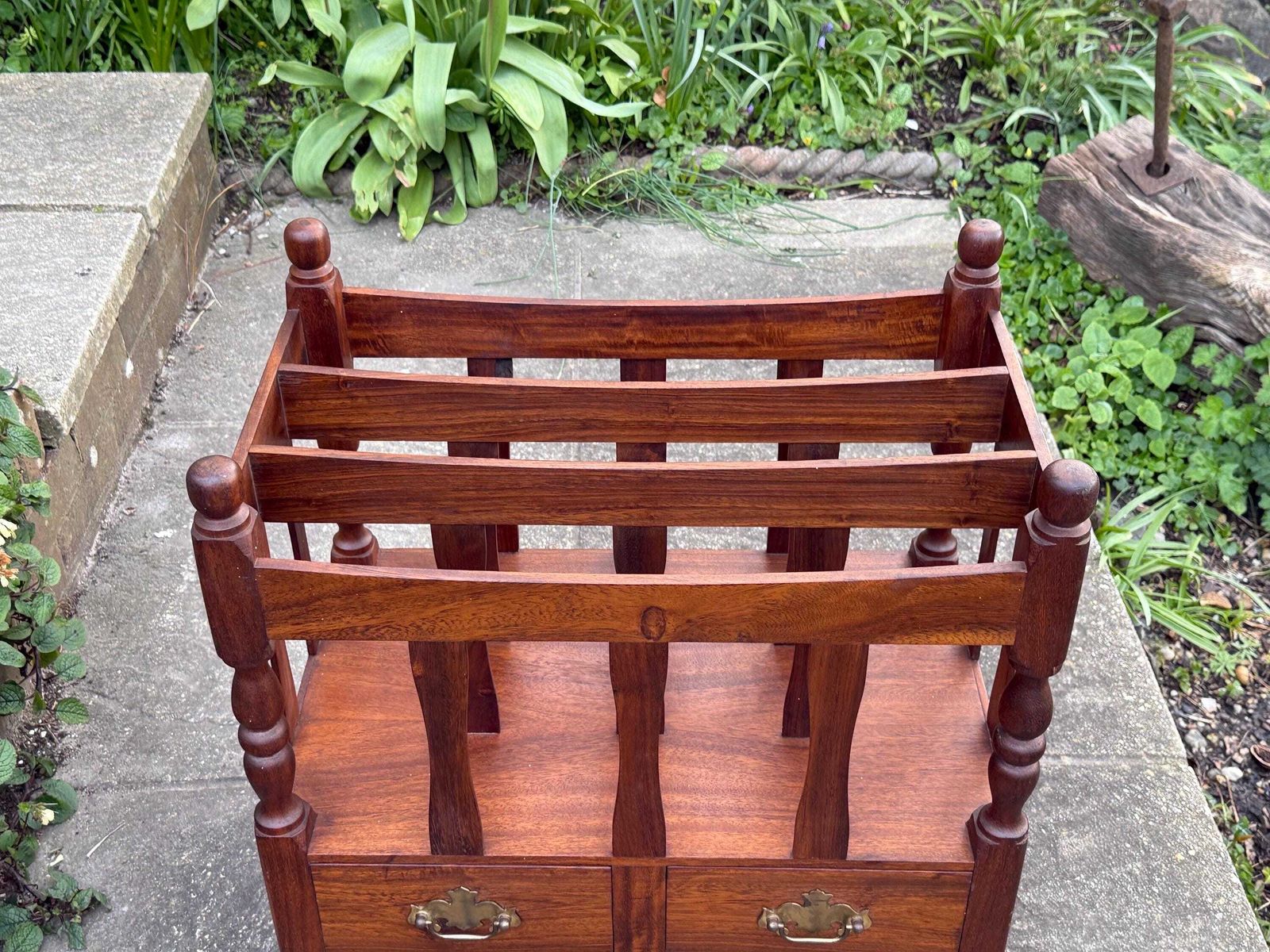 Home Decor Vintage Wooden Canterbury Magazine Rack With Drawers Turned Spindles Traditional Storage photo