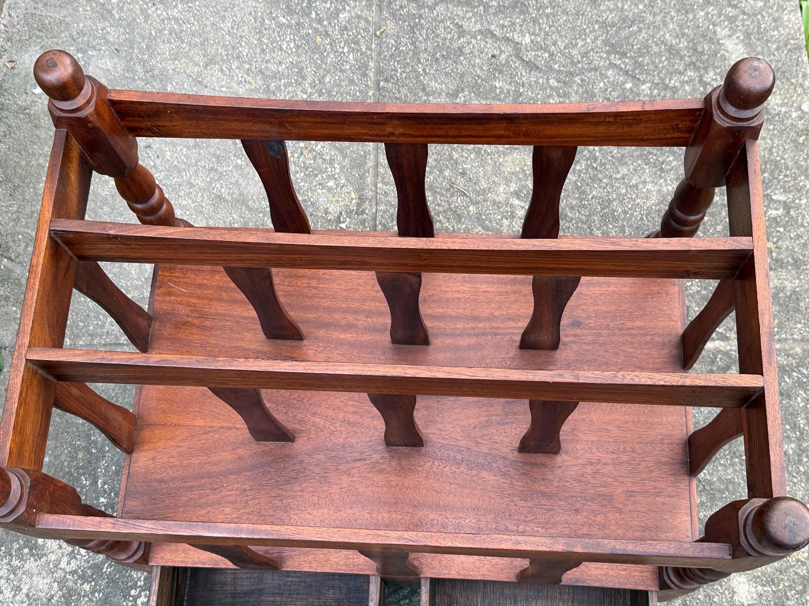 225.0 Vintage Wooden Canterbury Magazine Rack With Drawers Turned Spindles Traditional Storage photo