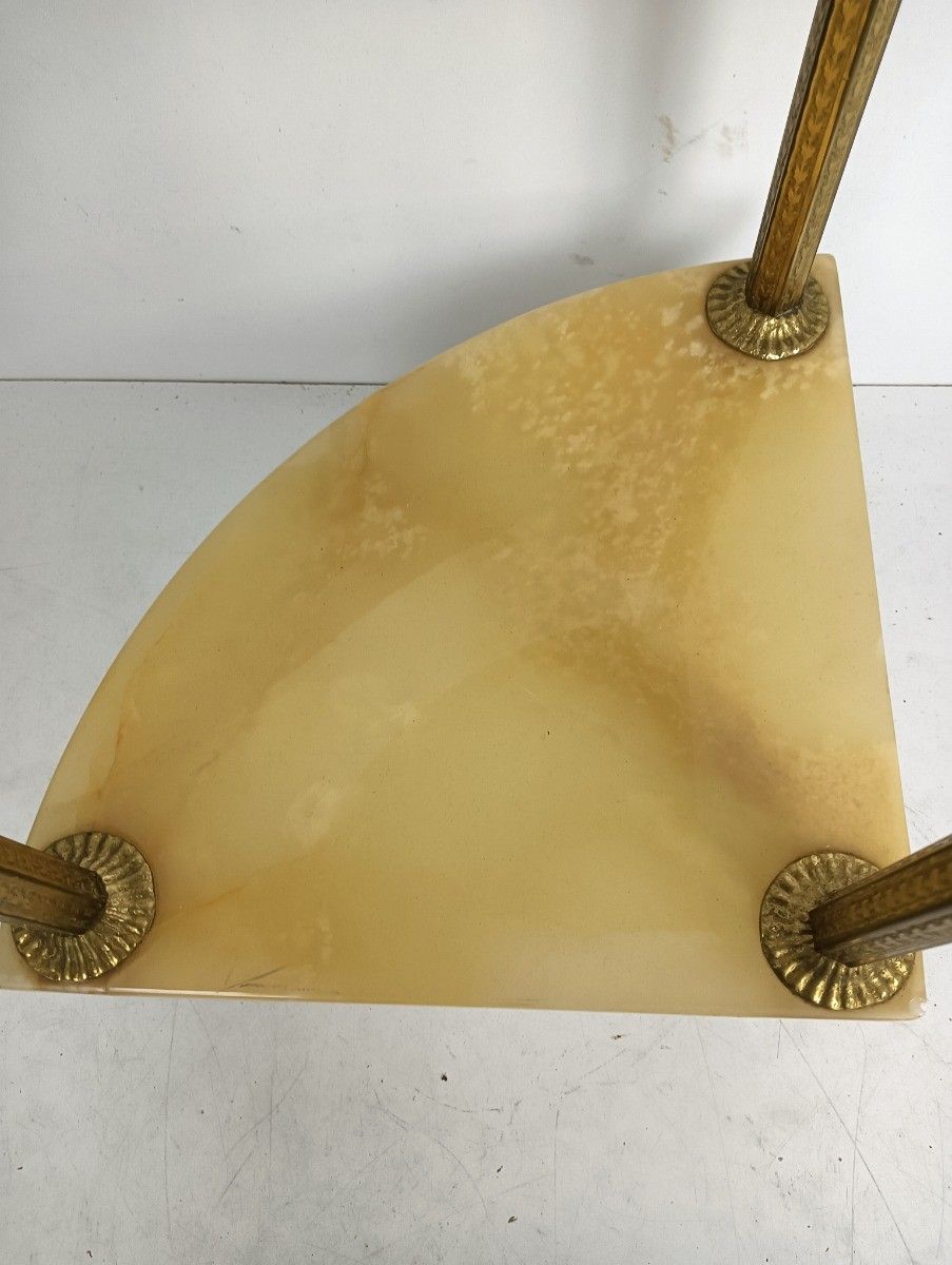 photo furniture Mid Century Corner Pedestal Plant Stand Side Table Two Tier Brass Marble Hollywo