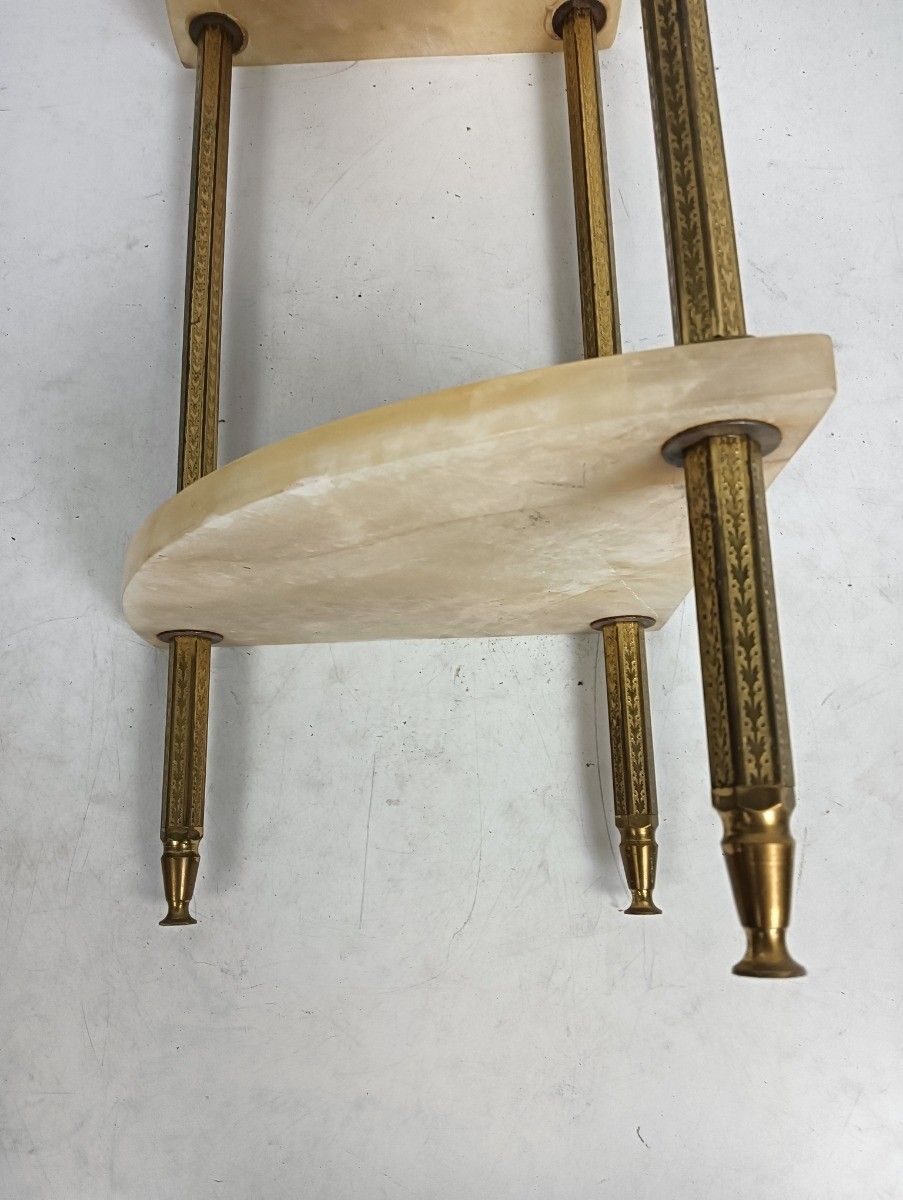 photo for sale Mid Century Corner Pedestal Plant Stand Side Table Two Tier Brass Marble Hollywo