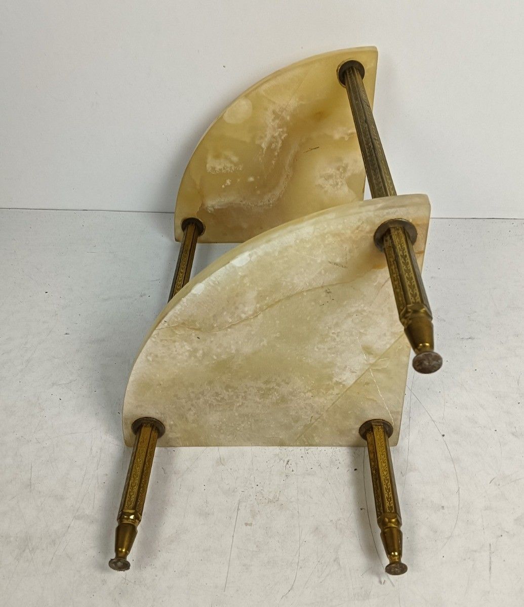 Furniture Mid Century Corner Pedestal Plant Stand Side Table Two Tier Brass Marble Hollywo photo