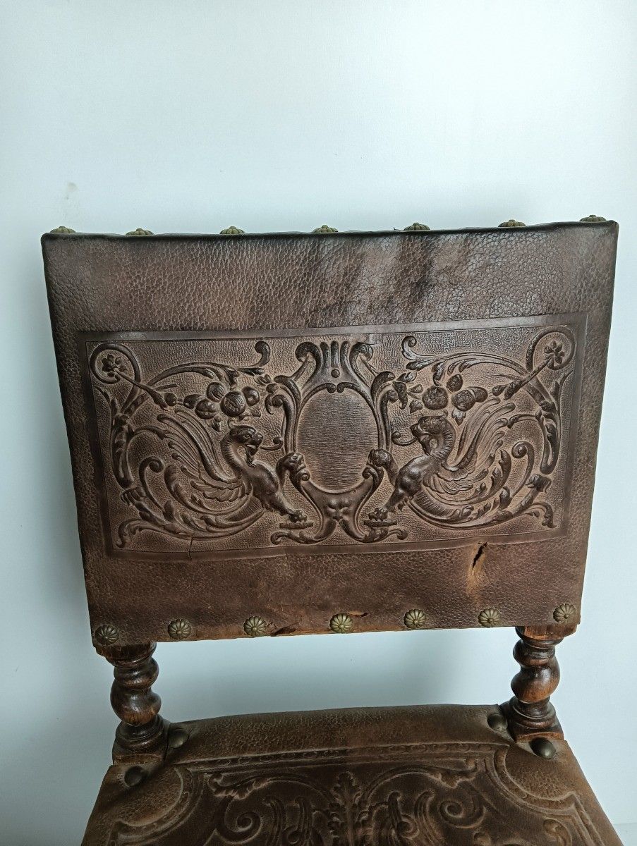 Set Of 2 Antique Gothic 1900s Chairs Barley Twist Wood Renaissance Dragons Leath photo Furniture
