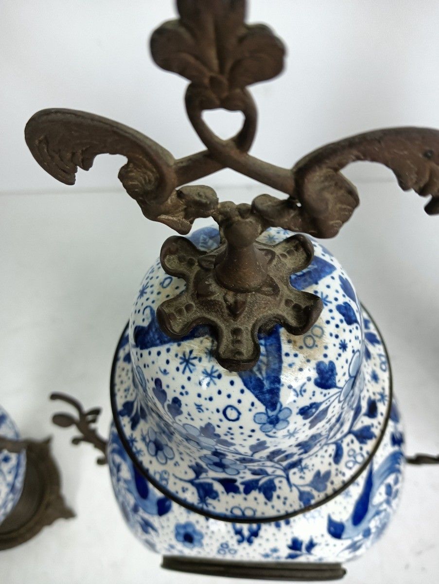 3 Piece Garniture Mantle Set Clock With Couple Candelabras Delft Blue White Porc photo buy