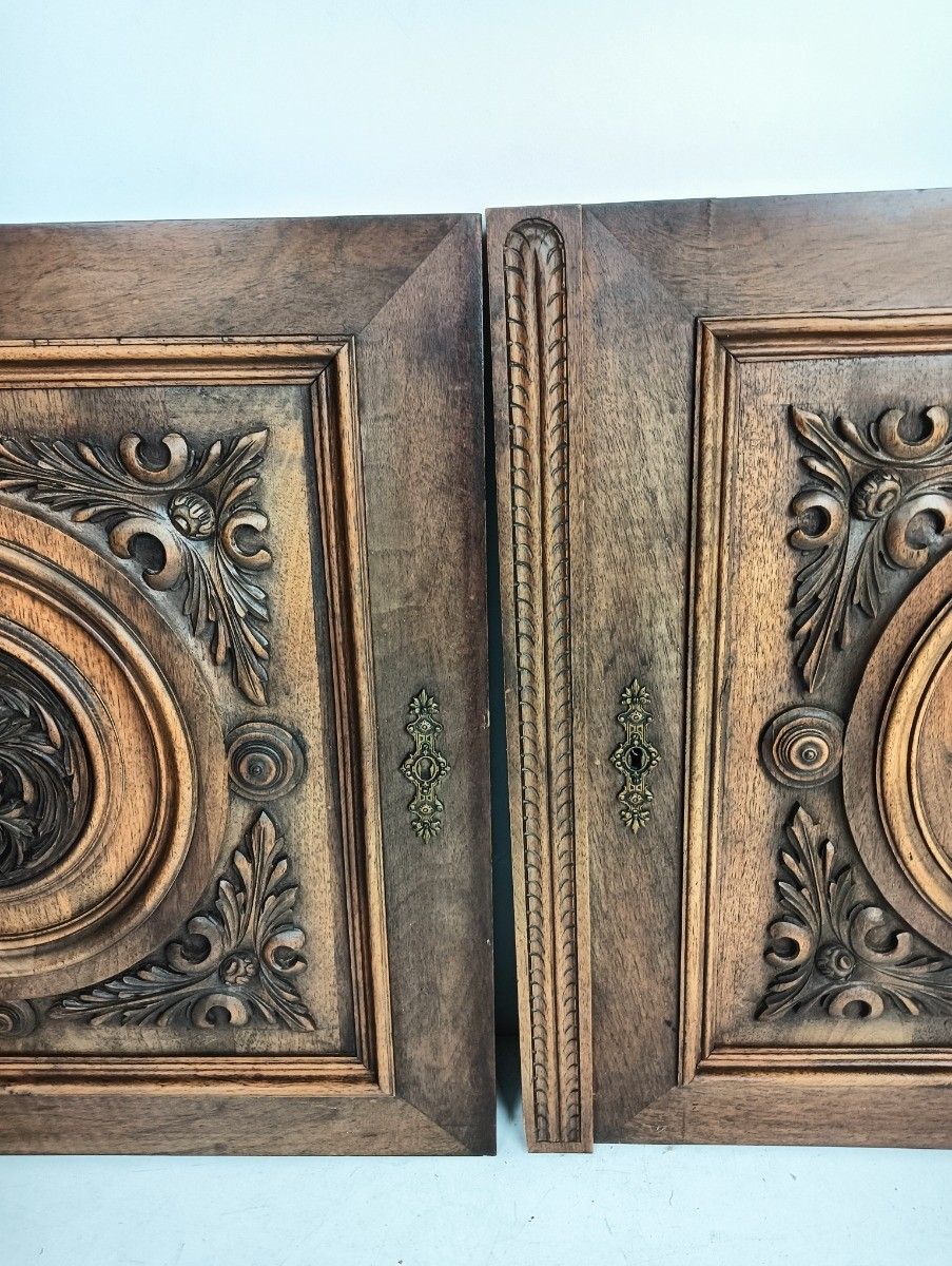 Antique Door Panels Couple  Hand Carved Wood Flower Rosette Architectural Salvag photo 537.0