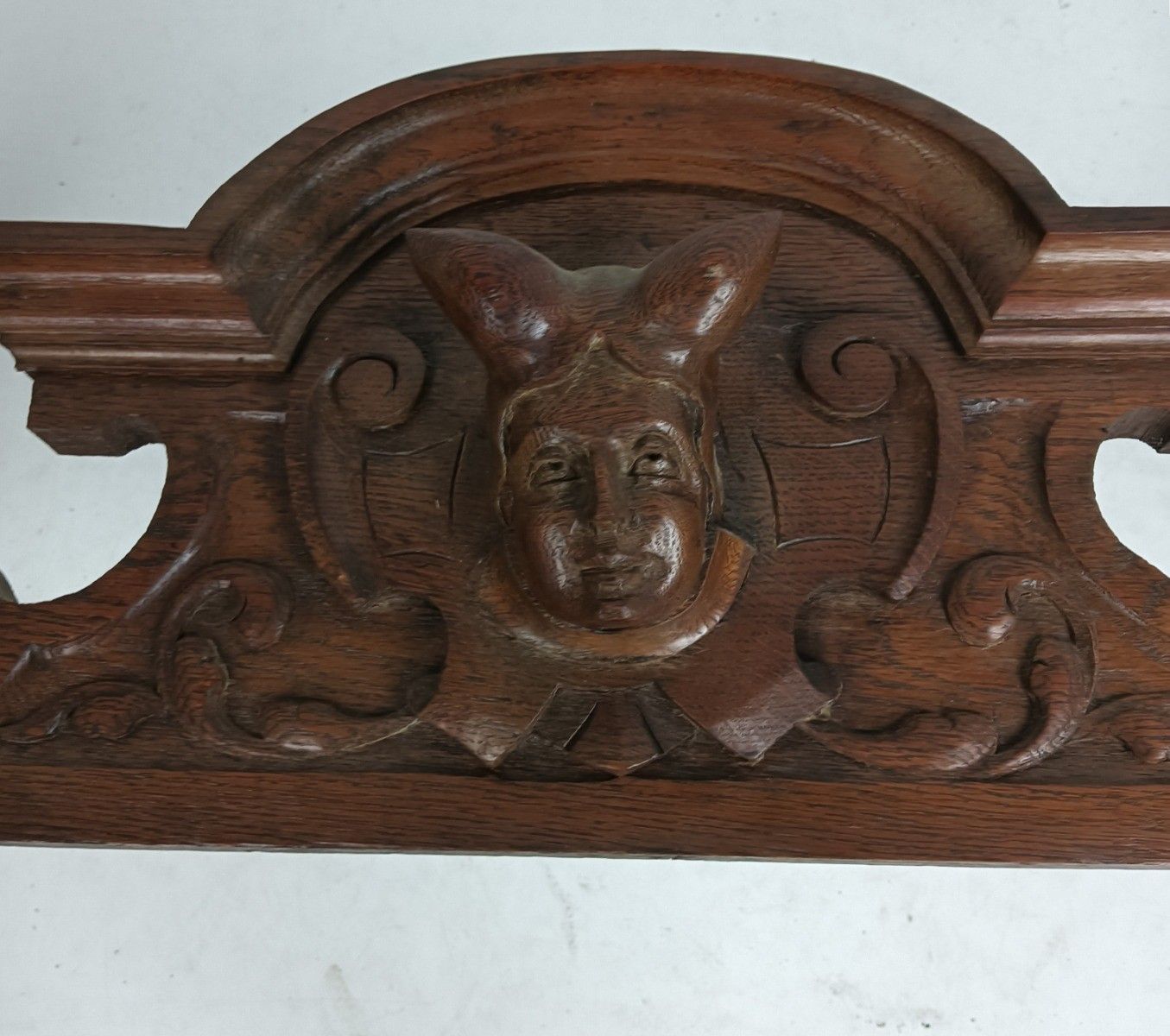 Large Antique Pediment Over Door Spindles Jester Carved Wood Side Panels photo vintage