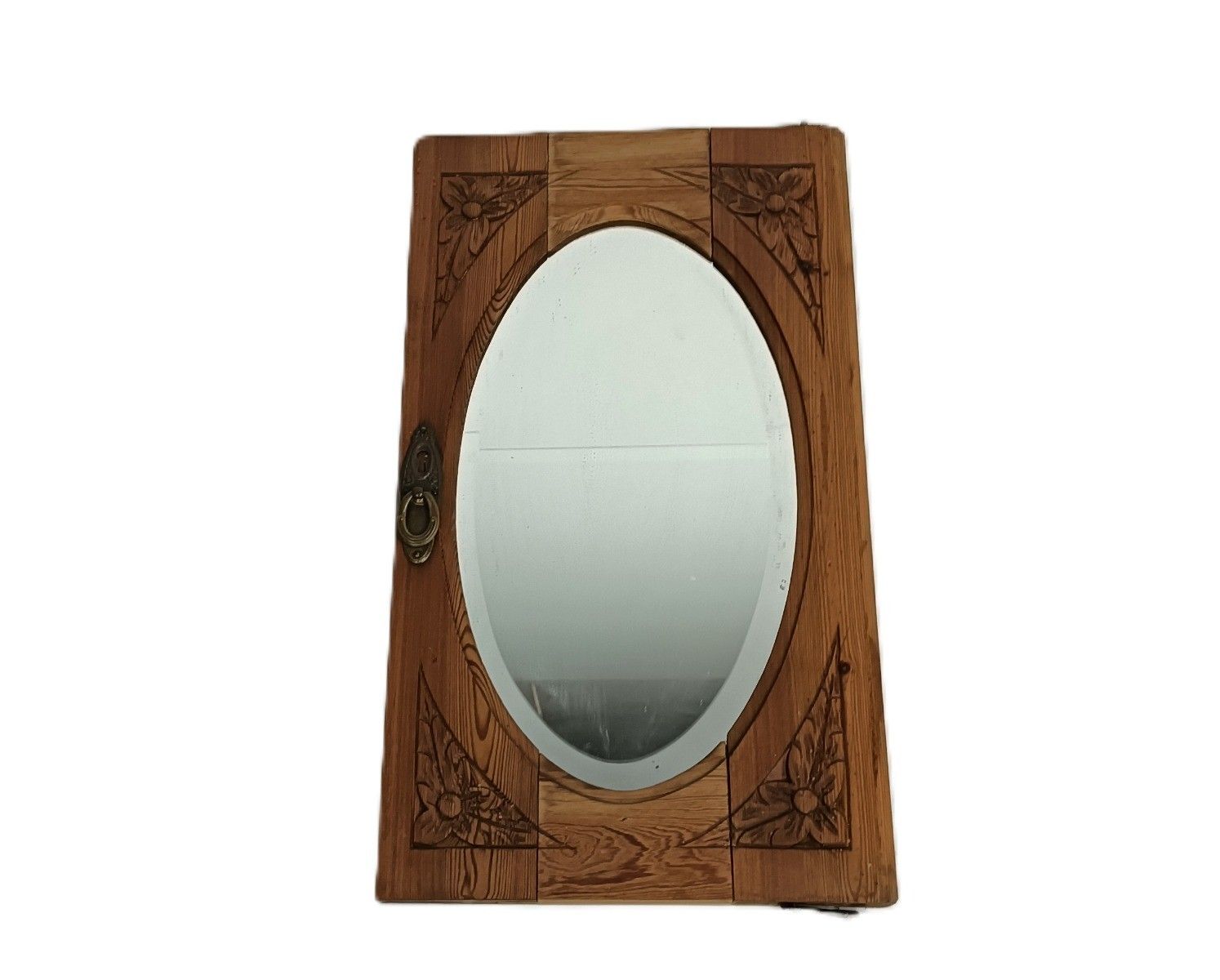 Small Cabinet Door Panel  Antique  Pine Wood Beveled Glass Mirror Reclaimed  Arc photo furniture