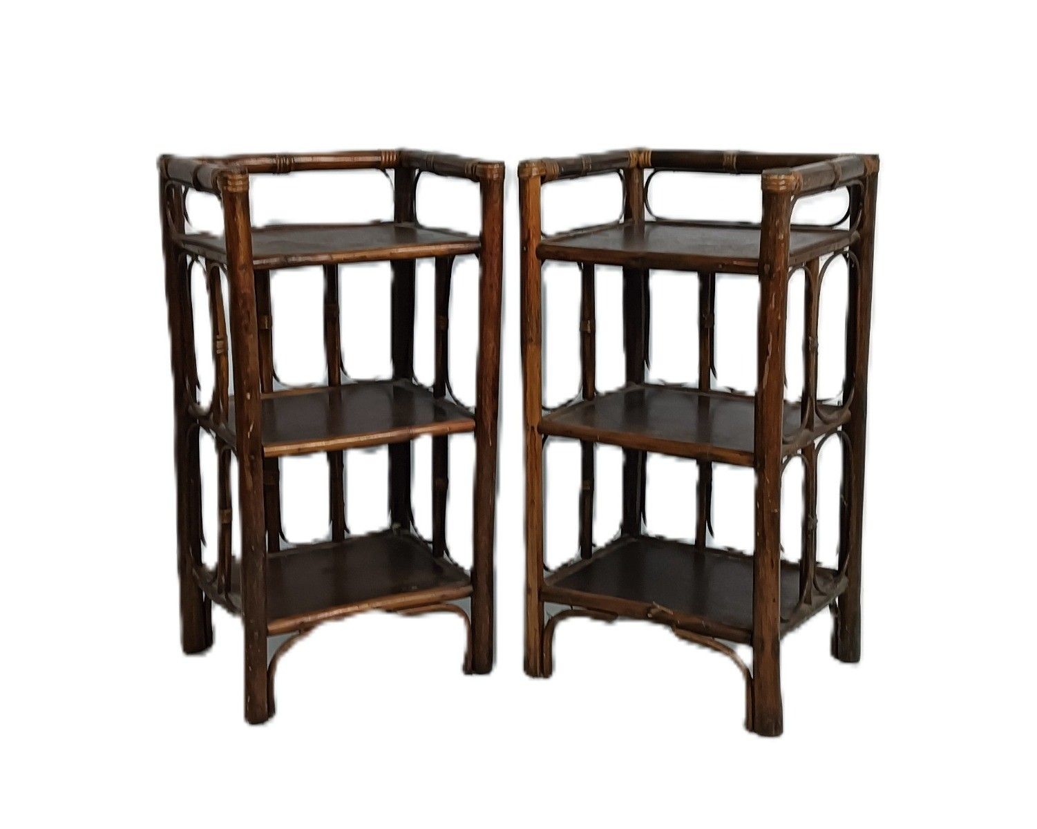 Set Of 2 Bamboo Rattan Wooden Shelve Units Book Shelves Plant Stands Vintage Jap