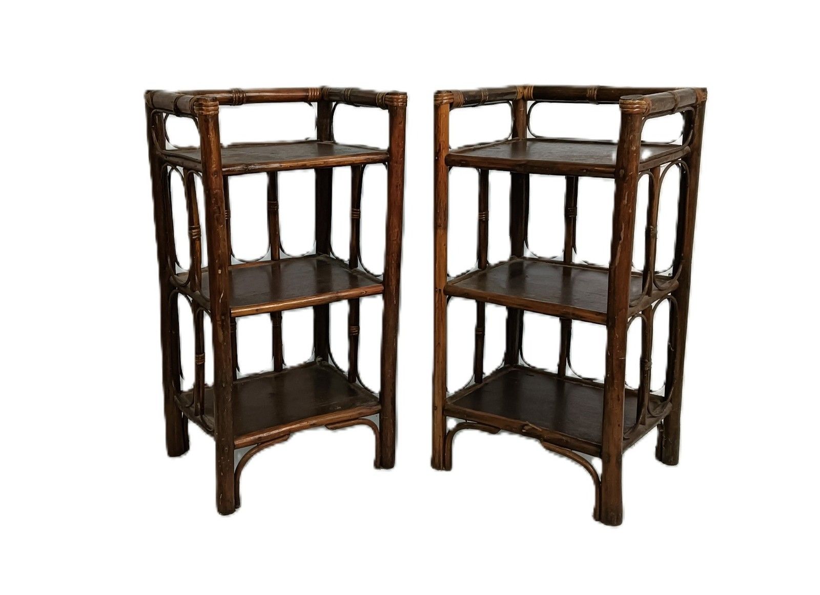 Set Of 2 Bamboo Rattan Wooden Shelve Units Book Shelves Plant Stands Vintage Jap photo furniture