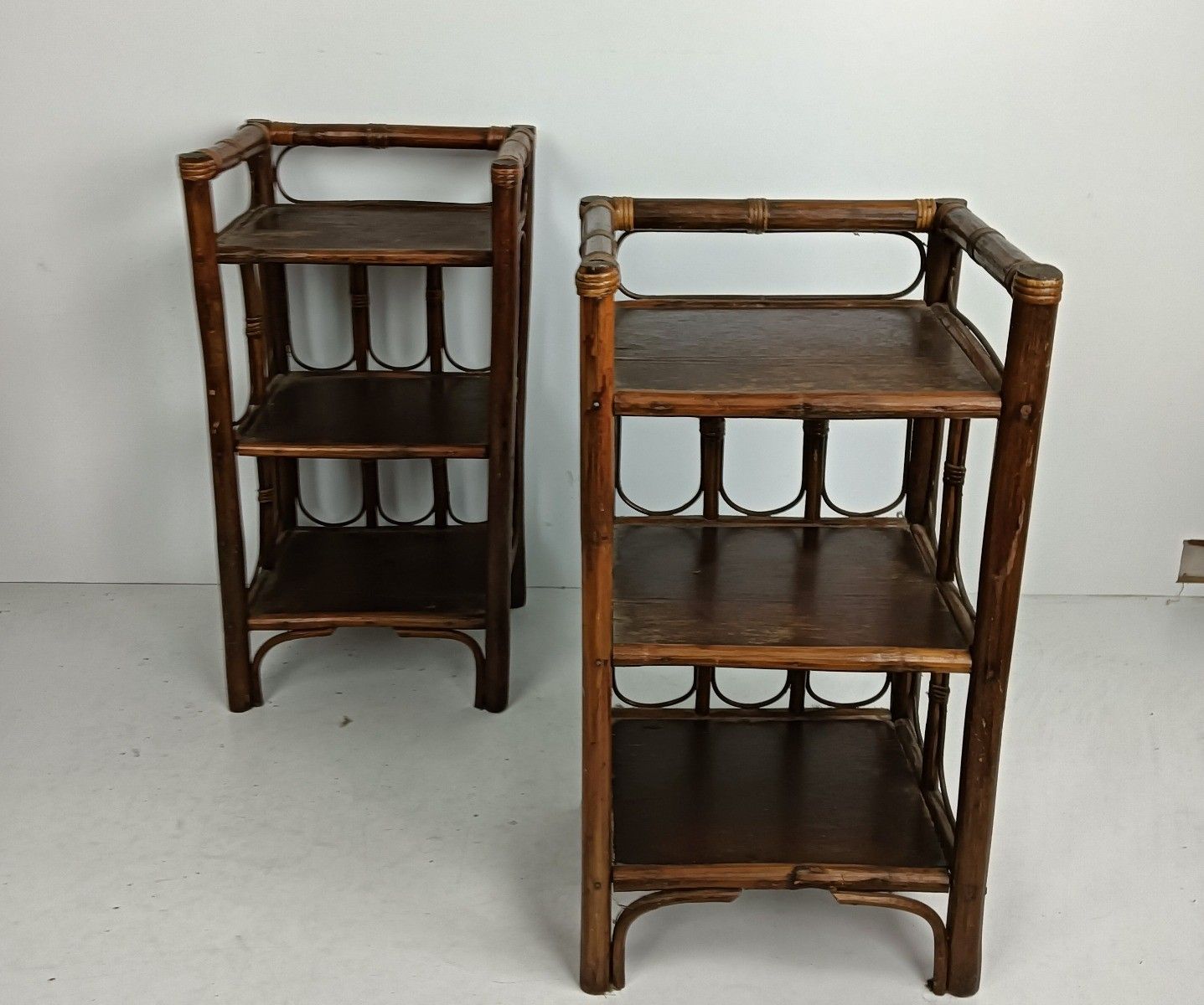 Set Of 2 Bamboo Rattan Wooden Shelve Units Book Shelves Plant Stands Vintage Jap photo for sale