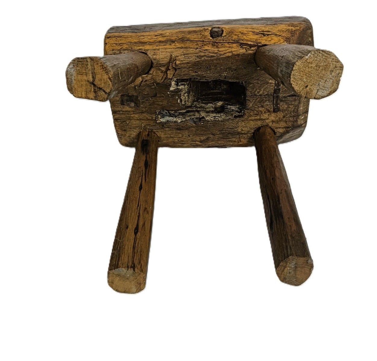 Furniture Antique Folk Art Hand Made Brutalist Footstool Milking Stool Pedestal Plant Stan photo