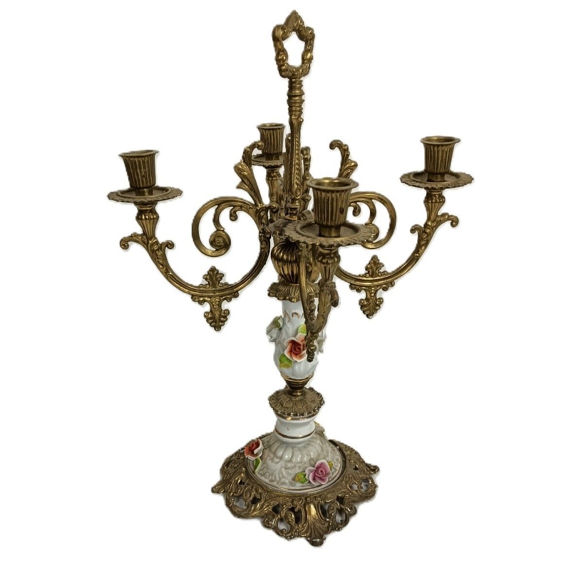 Vintage Candelabra Candle Stick Brass Porcelain 3d Flowers Modernist 4 Arm photo furniture