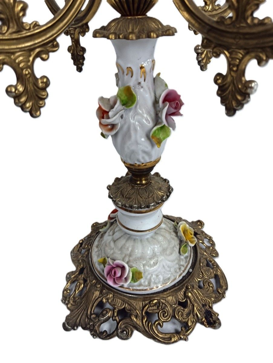 Vintage Candelabra Candle Stick Brass Porcelain 3d Flowers Modernist 4 Arm photo Home Decor