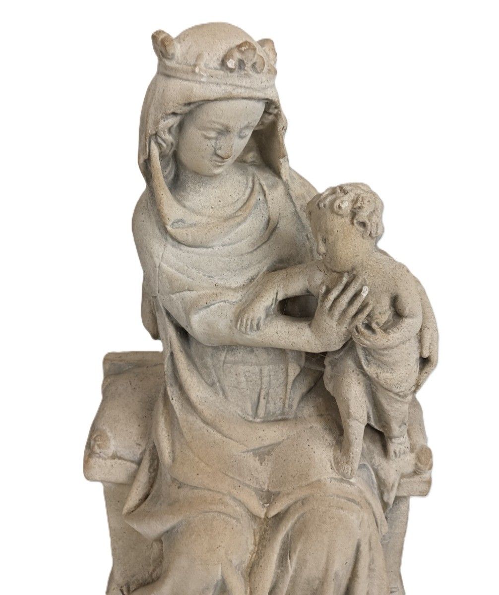 Vintage Statue Figurine Sitting Madonna With Infant Jesus Stoneware Vierge De Mi photo Art