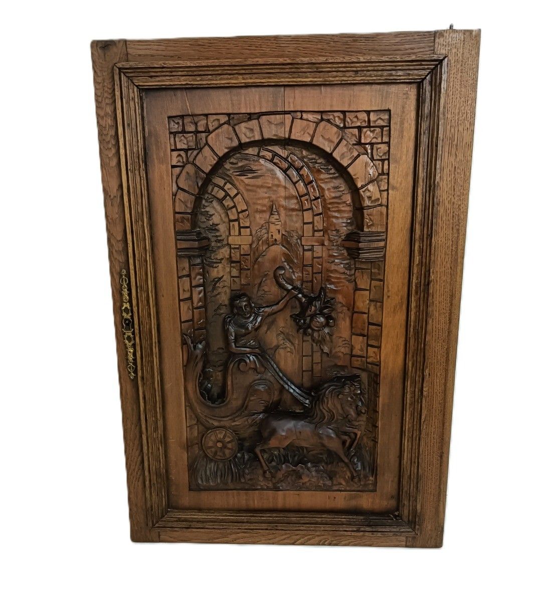 Antique Flemish Door Panel Carved Wood Wow Female Warrior Horses Reclaimed Archi