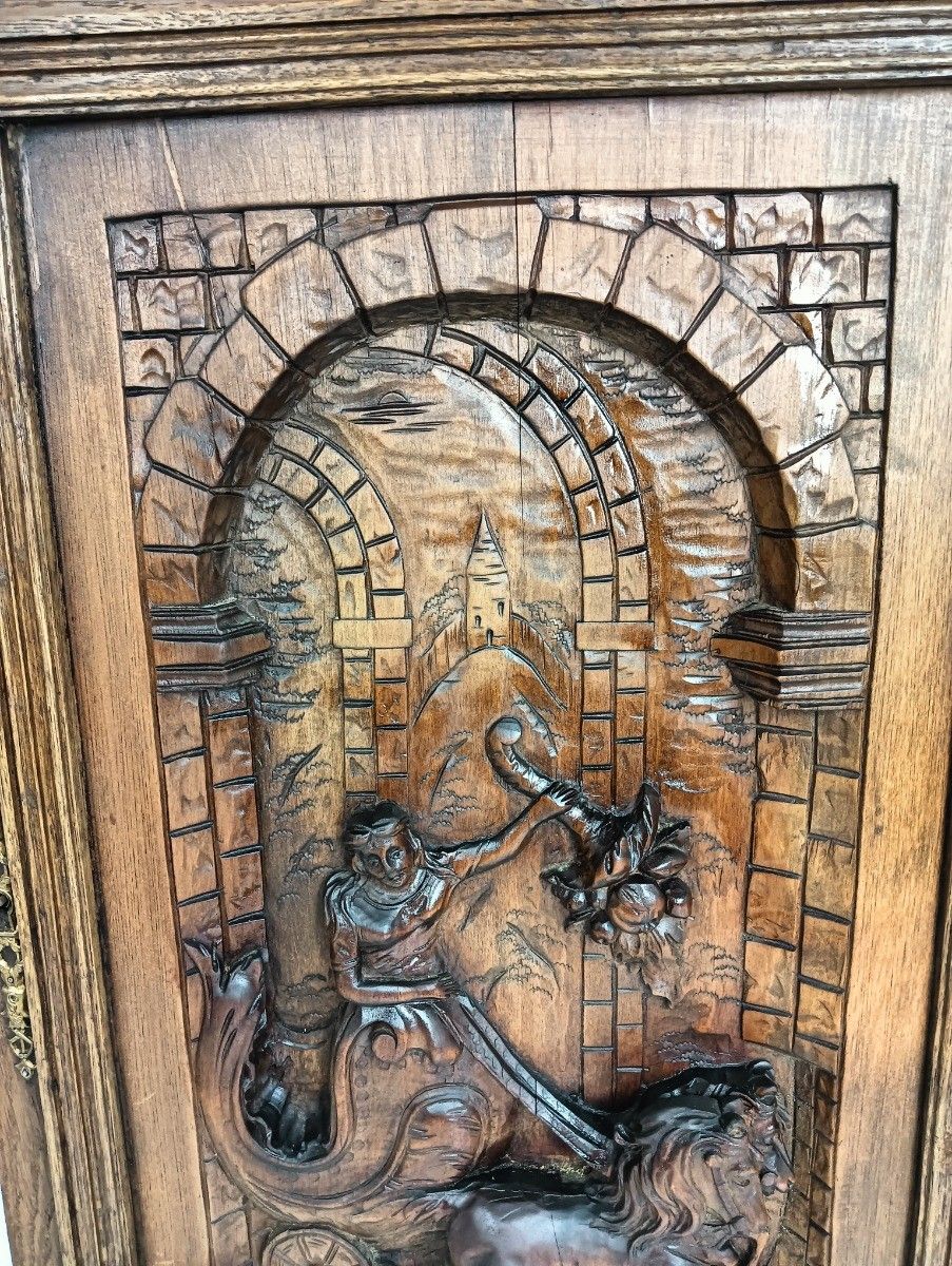 Antique Flemish Door Panel Carved Wood Wow Female Warrior Horses Reclaimed Archi photo vinterior