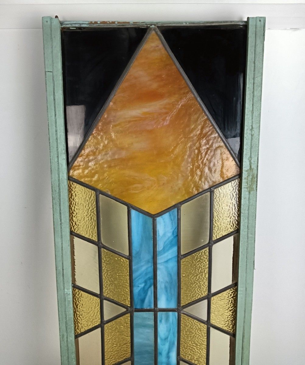 Xl Large Art Deco Antique Leaded Glass Framed Wood Geometric photo Art
