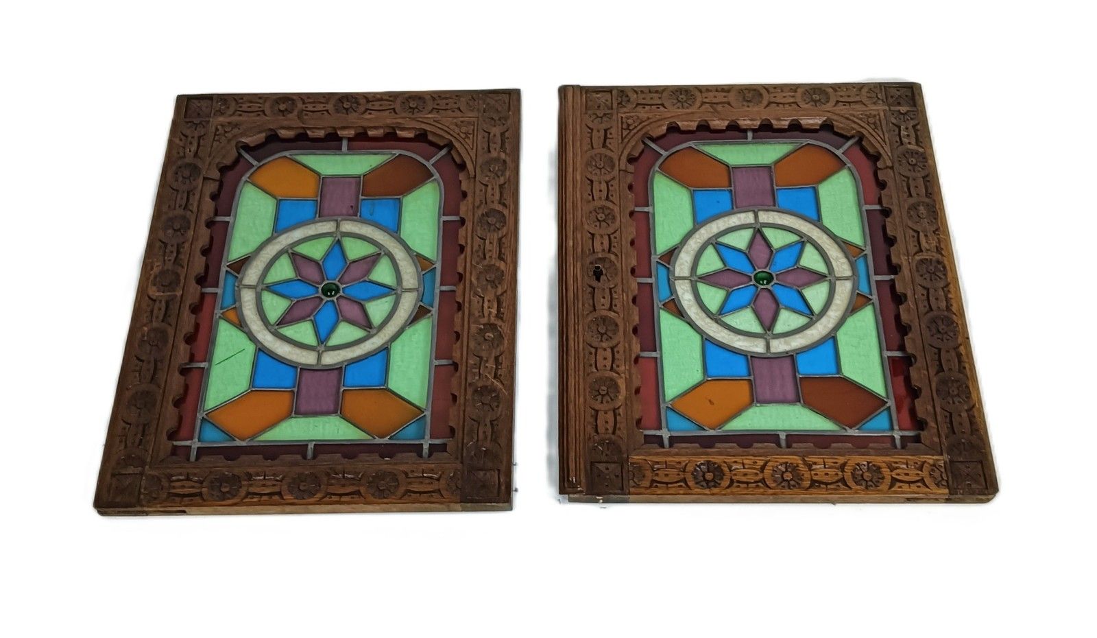 Pair Antique Wooden Leaded Glass Star Door Panels  Salvaged Reclaimed Architectu