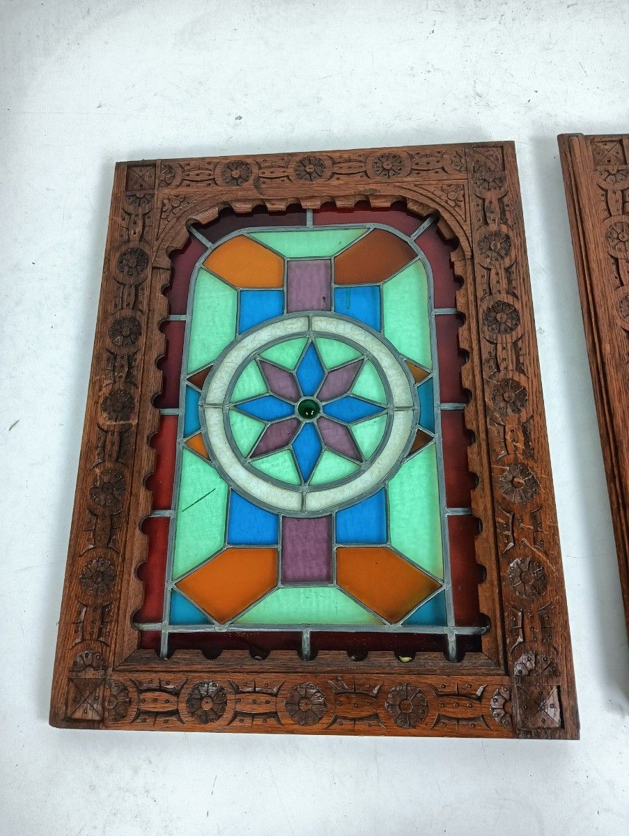 Pair Antique Wooden Leaded Glass Star Door Panels  Salvaged Reclaimed Architectu photo Home Fixtures