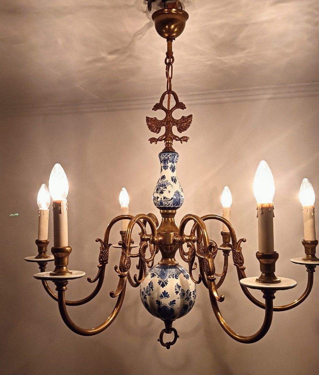 photo for sale Delft Chandelier Fixture Blue White Porcelain Brass, 6 Arm Lights Barn Style