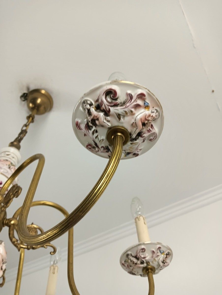 Capodimonte Porcelain Chandelier 6 Arm Lights, White,  Italy Brass Putti Vintage photo vinterior