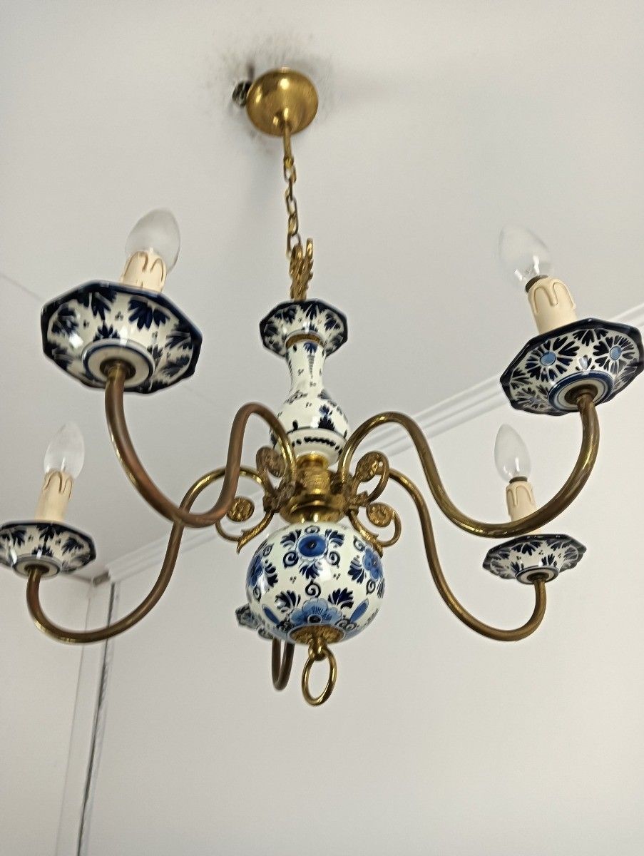 photo furniture Delft Chandelier Porcelain Blue White 5 Arm Lights Vintage Barn Style