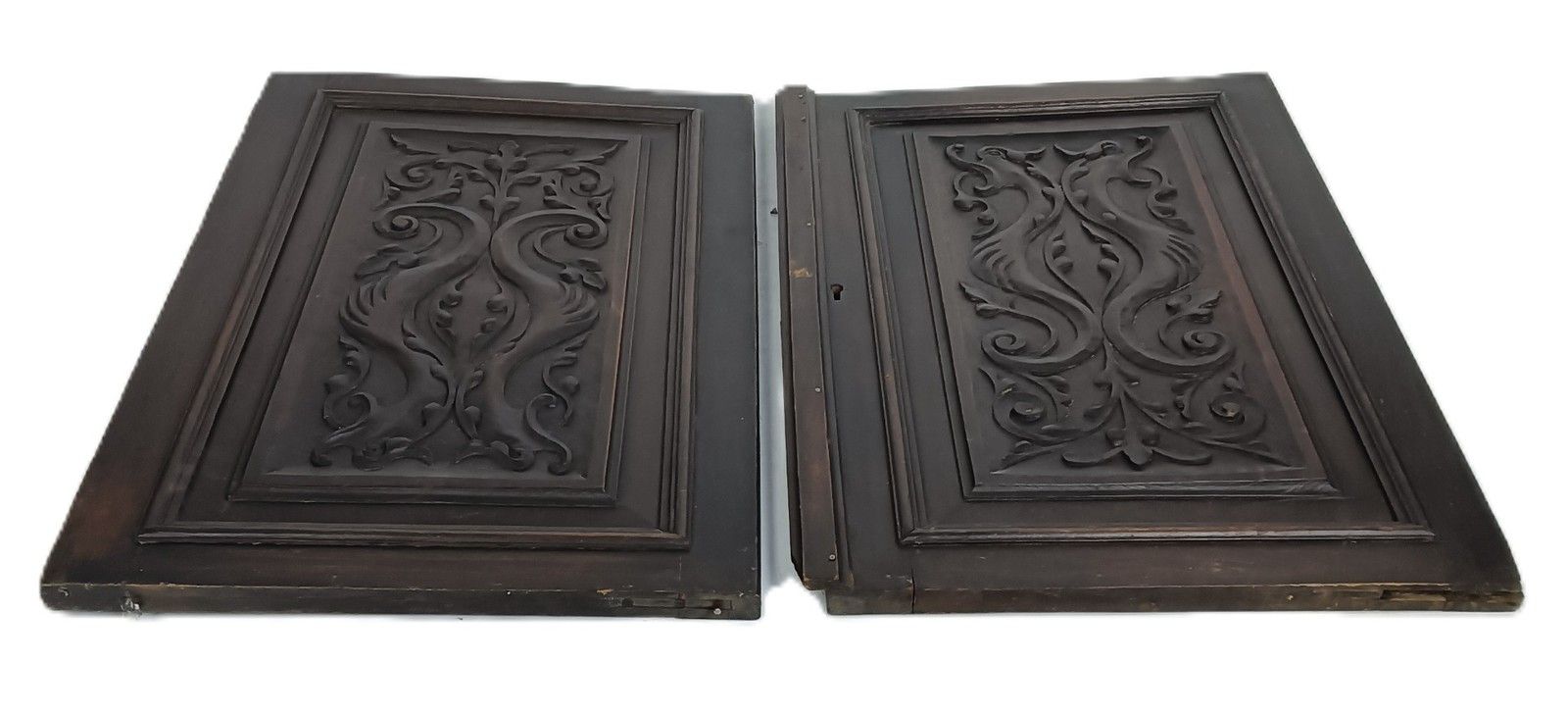 Pair Door Panels Antique Hand Carved Ornate Leafs Architectural Salvaged photo furniture