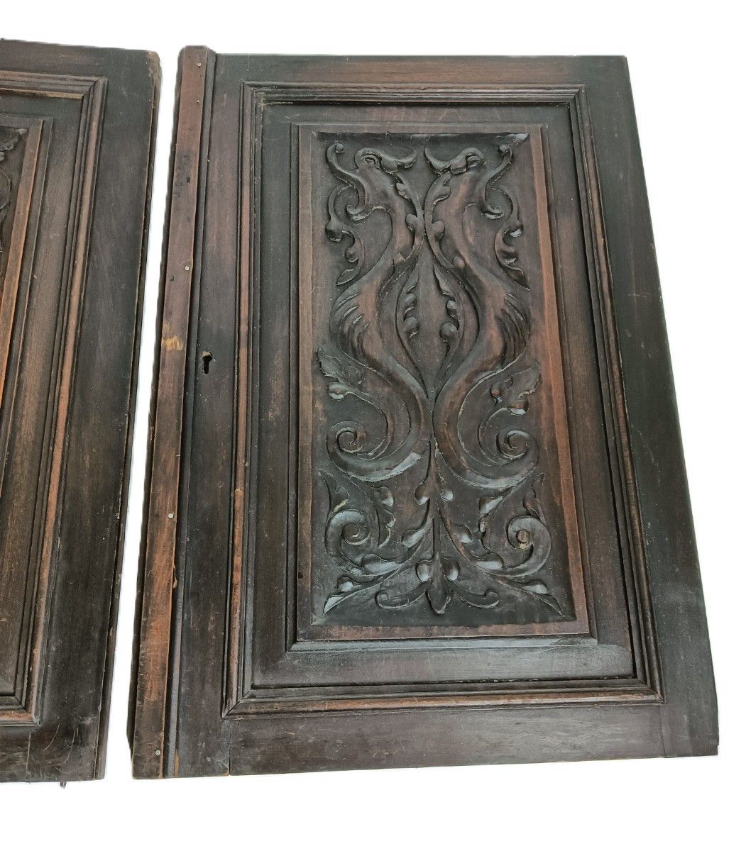 Pair Door Panels Antique Hand Carved Ornate Leafs Architectural Salvaged photo 248.0