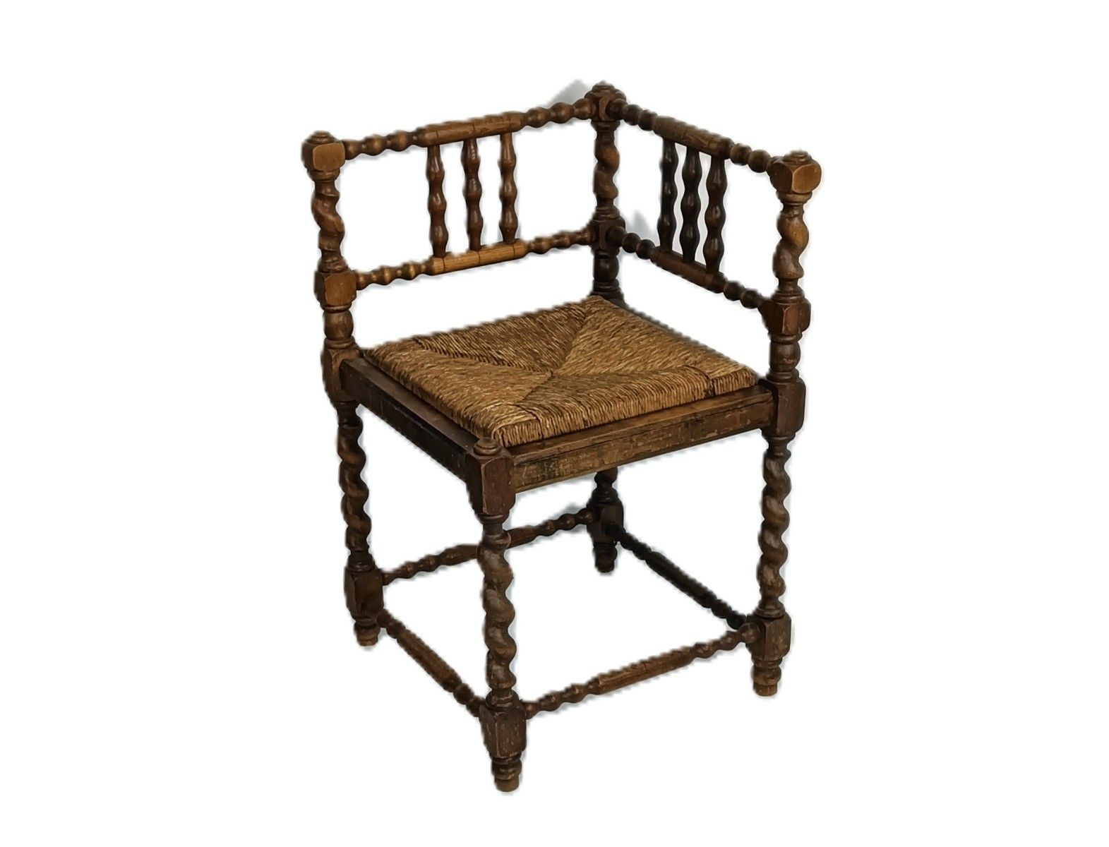 Twisted Wooden Barley Twist Corner Chair Rush Seating Hobnails Edwardian Beautif photo vintage