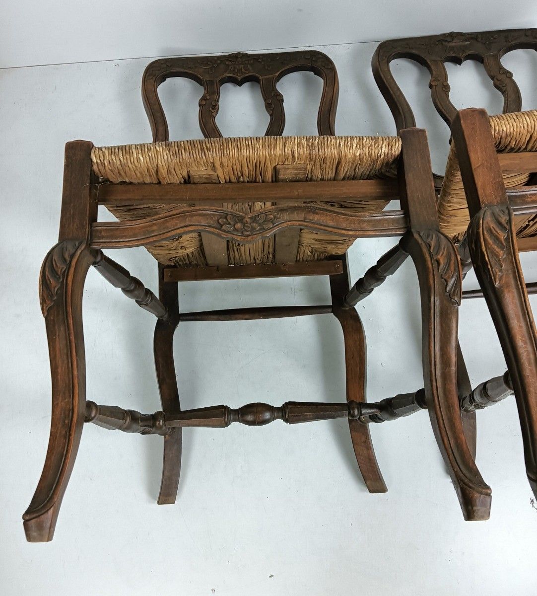 538.0 Antique Wood Louis XV Style Cane Rush Seat Dining Chairs  Pair French Elegant photo