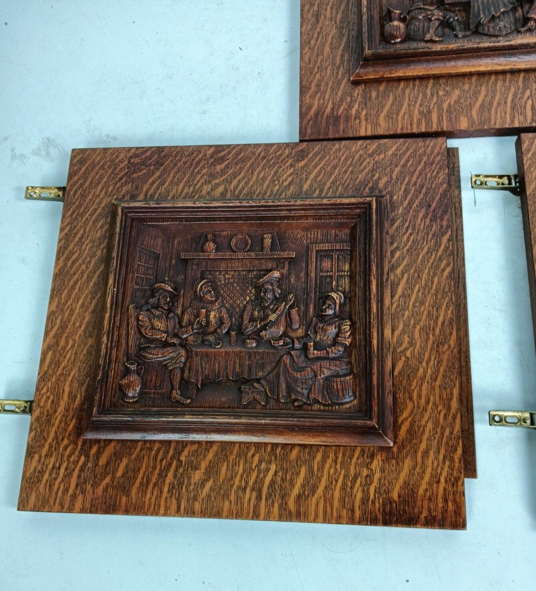 Set Of 3door Panels Vintage Carved Wood Bar Scenes Bas Relief Reclaimed Architec photo 337.0