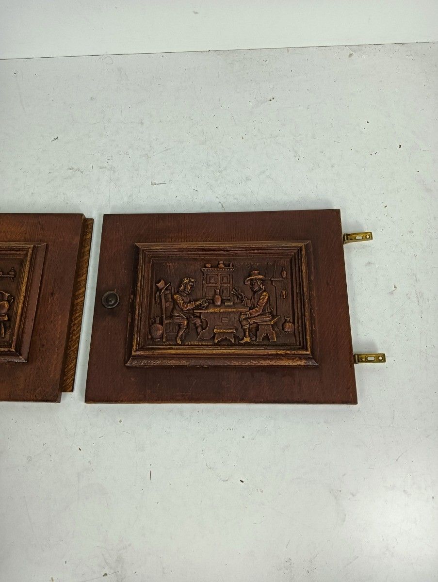 Pair Door Panels Vintage Carved Wood Bas Relief Breughel Style Bar Scenes  Recla photo vinterior