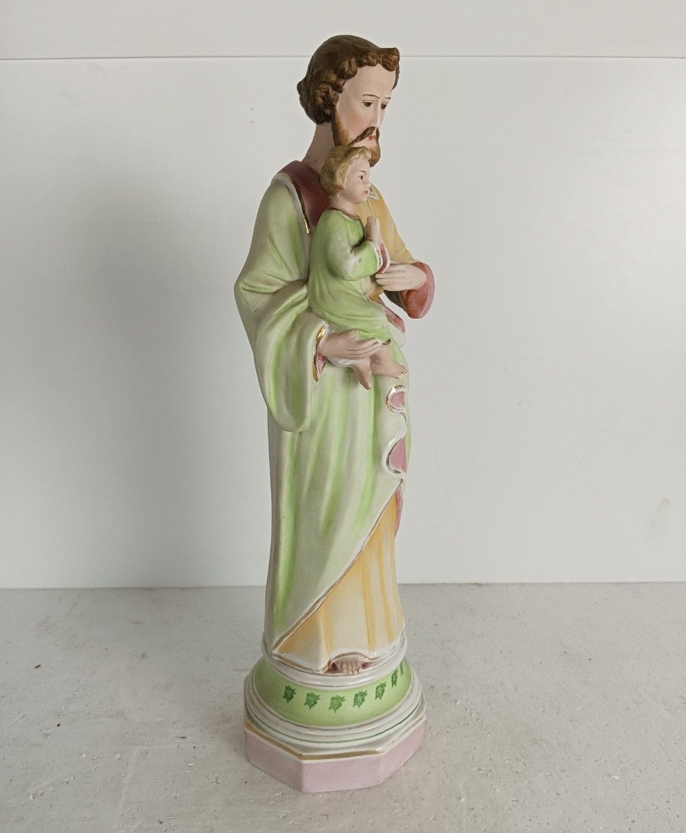 Vintage Statue Saint Joseph Protector Of Homes Bisque Porcelain Polychrome photo vinterior