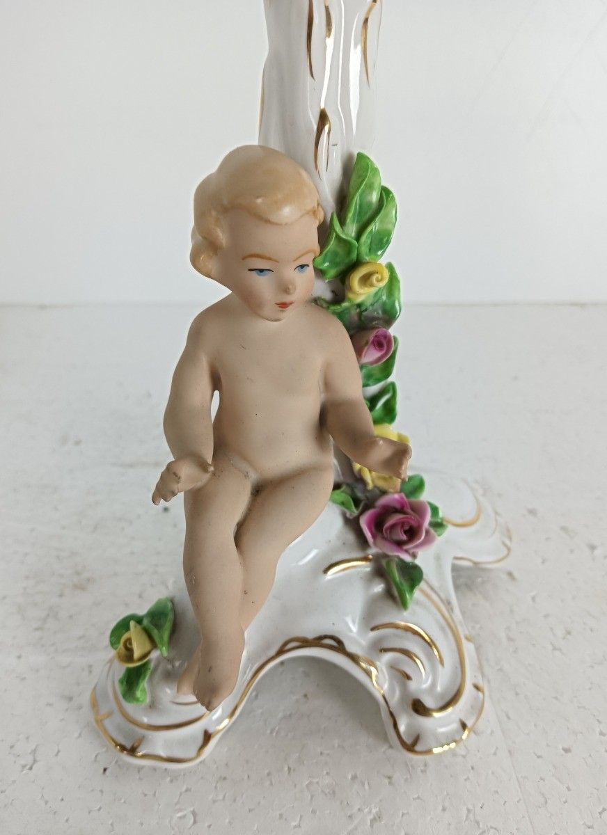Dresden Porcelain Candle Stick Holder  Putti Rosebuds Germany Rococo Style Vinta photo Home Decor