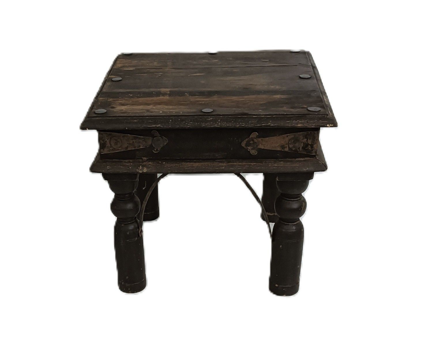 Rustic Antique Colonial Style Low Side Table Wood Iron Fittings Plant Stand photo for sale
