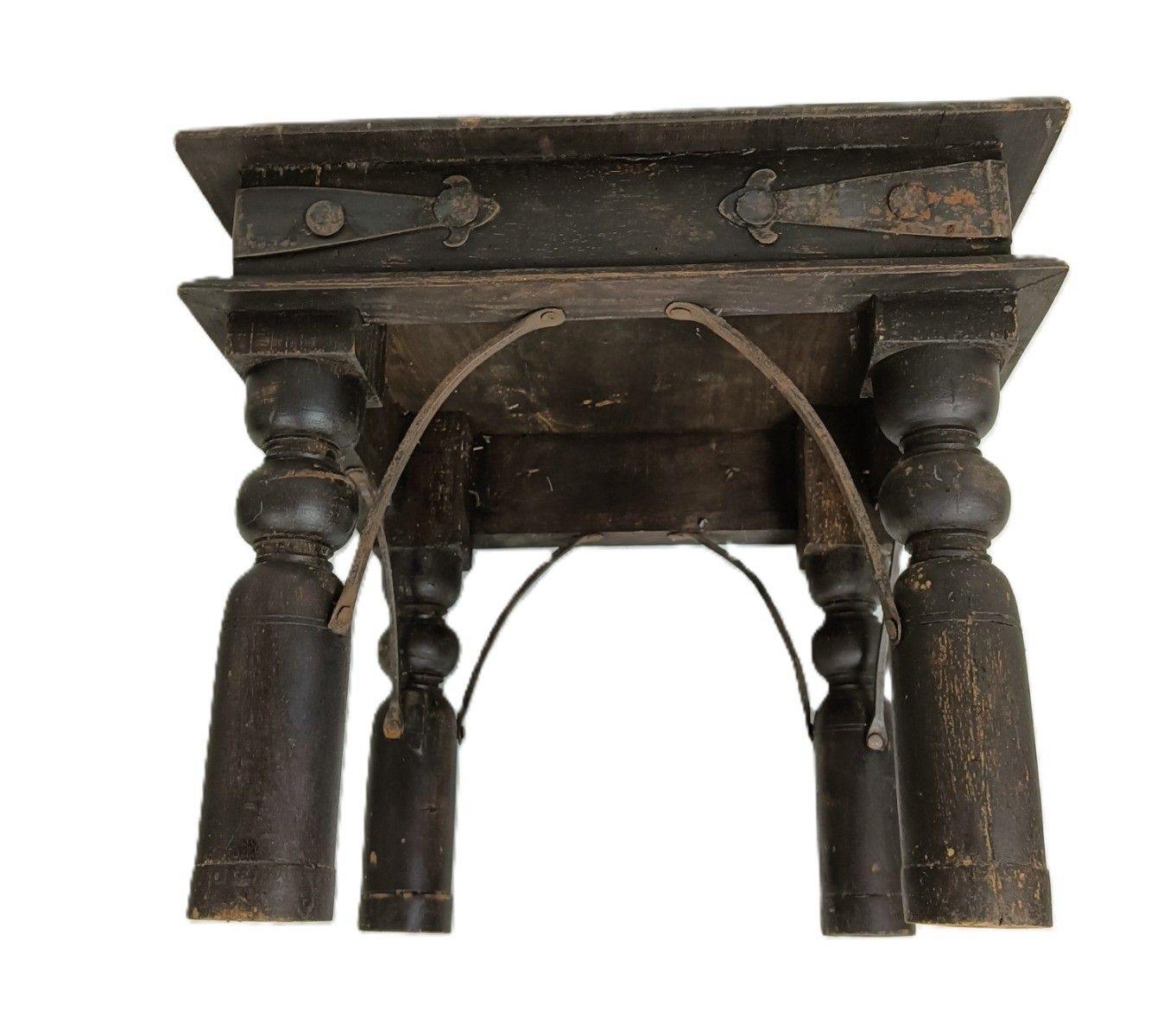 Rustic Antique Colonial Style Low Side Table Wood Iron Fittings Plant Stand photo vinterior