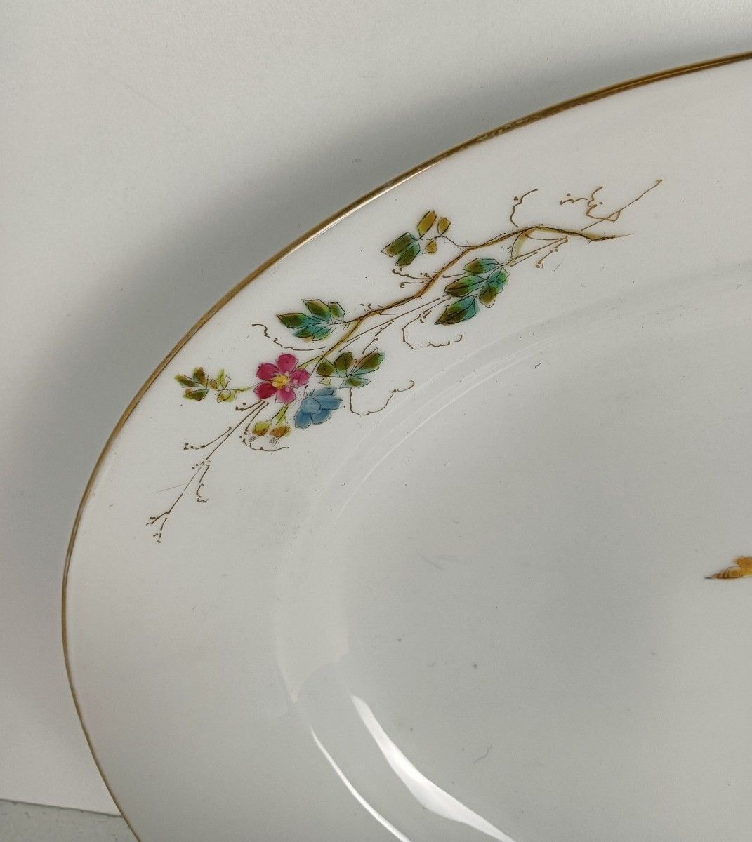 Large Victorian Antique 19th Century Serving Oval Dish Hand Painted Flowers Butt photo for sale