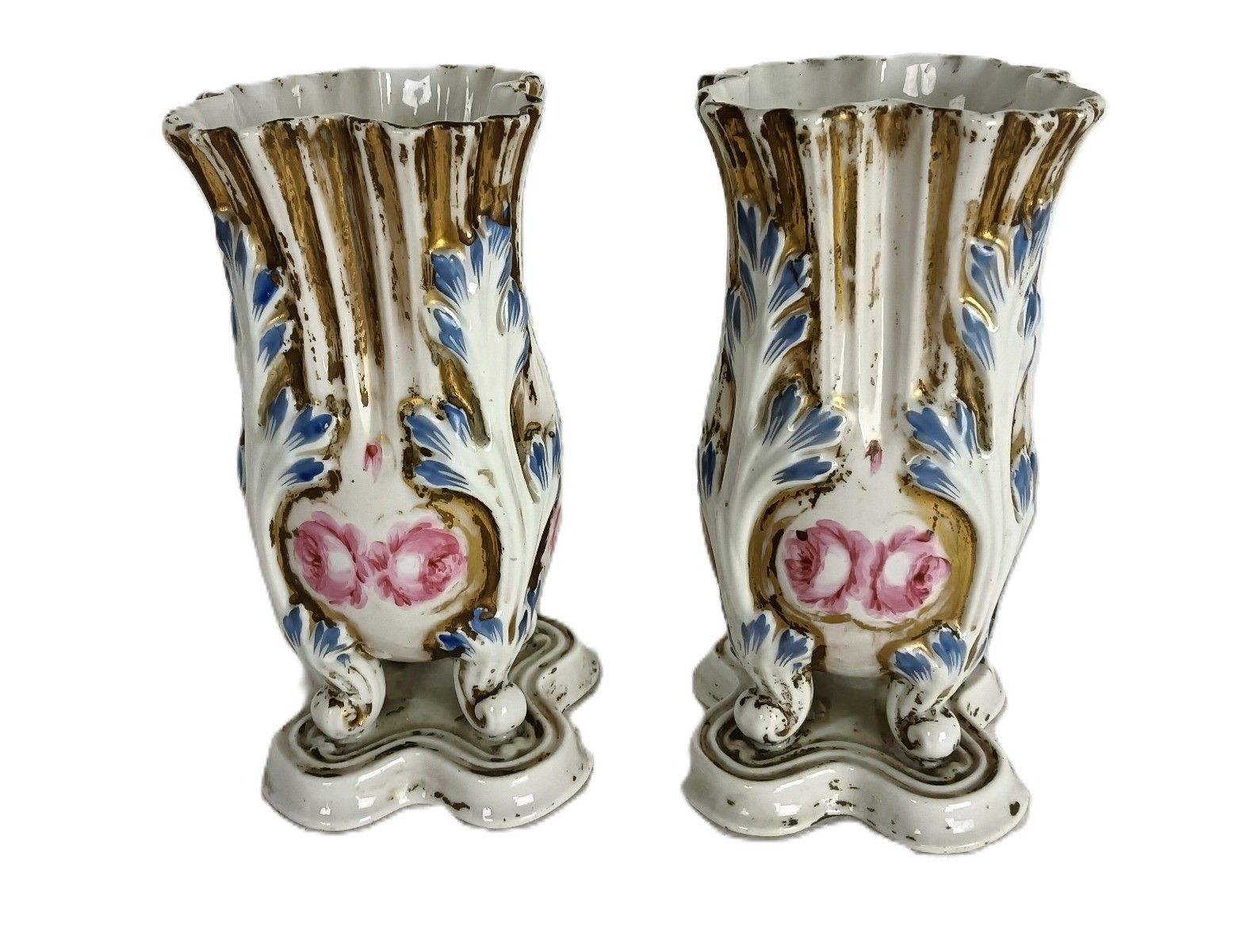 Pair Antique Victorian Porcelain Vieux Paris Polychrome Vases photo vinterior