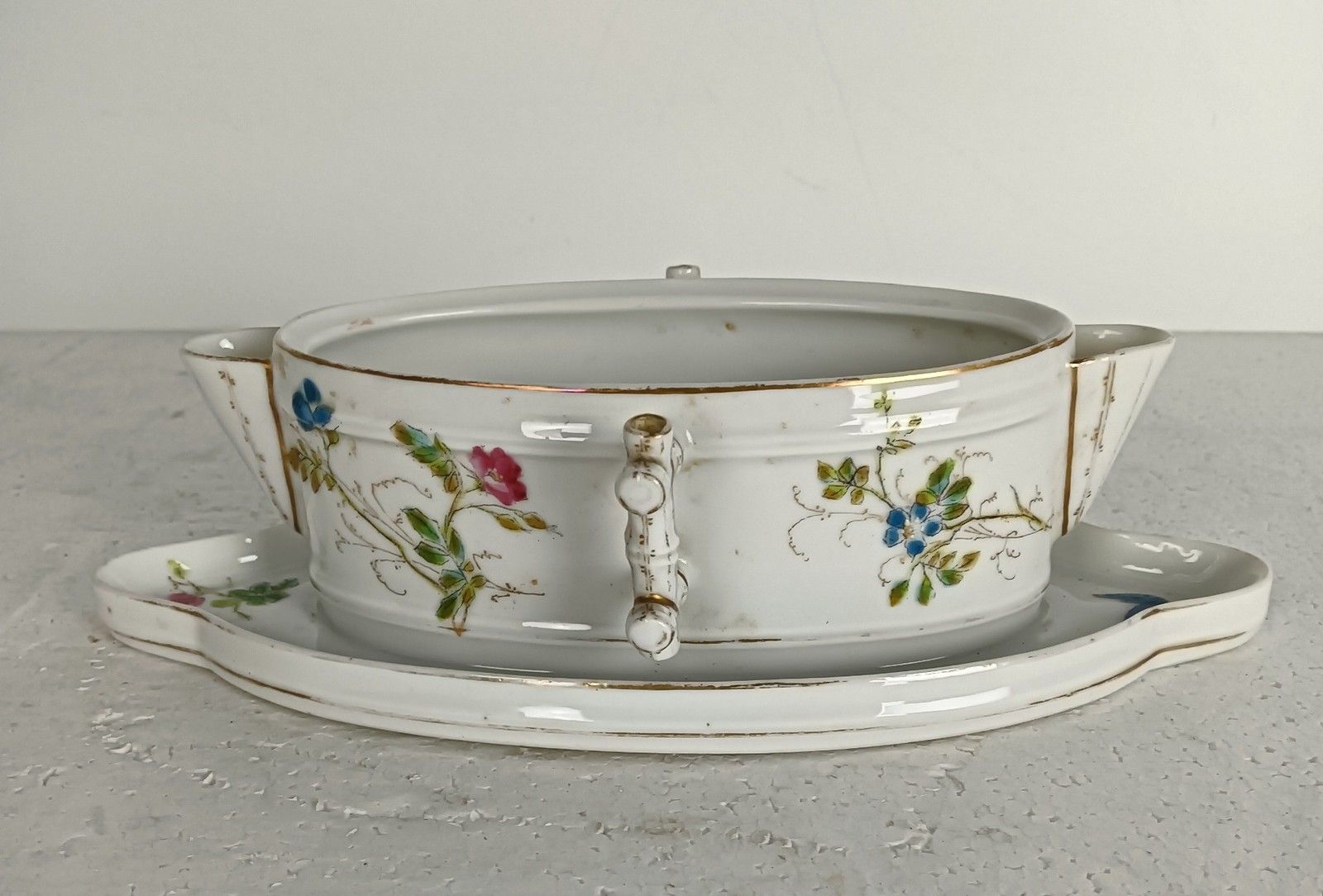 Fish Gravy Boat Sauceboat Antique  19th Century Victorian Porcelain Hand Painted photo for sale
