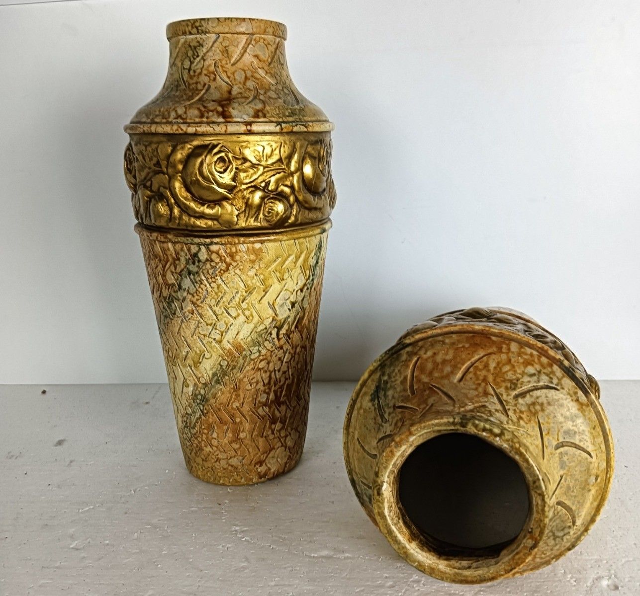 Couple Art Nouveau Plaster Vases Rose Motife Gold Colored Antique photo for sale