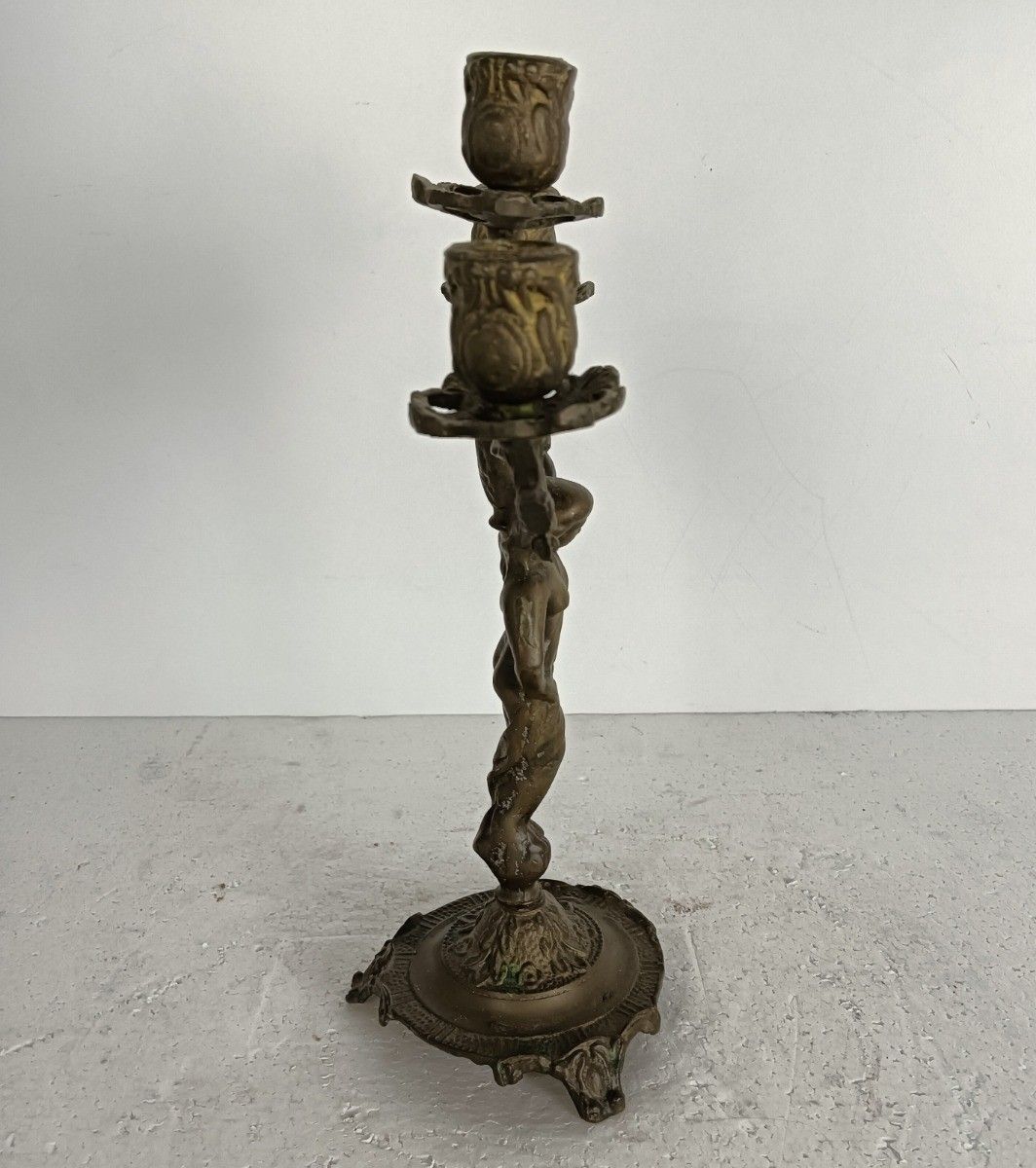 Vintage Spelter Modernist Candelabra 3 Arm Candle Stick Female Figurine photo 108.0