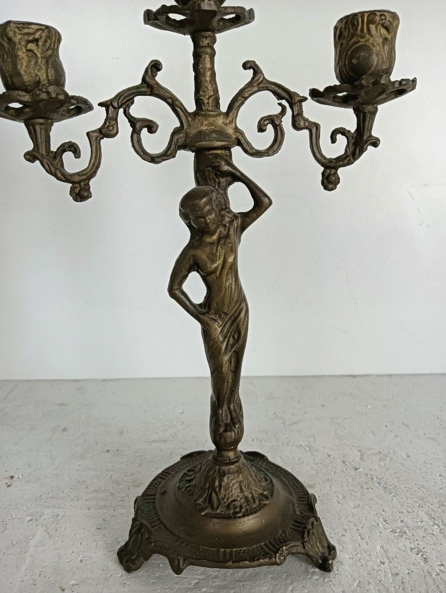 Vintage Spelter Modernist Candelabra 3 Arm Candle Stick Female Figurine photo buy