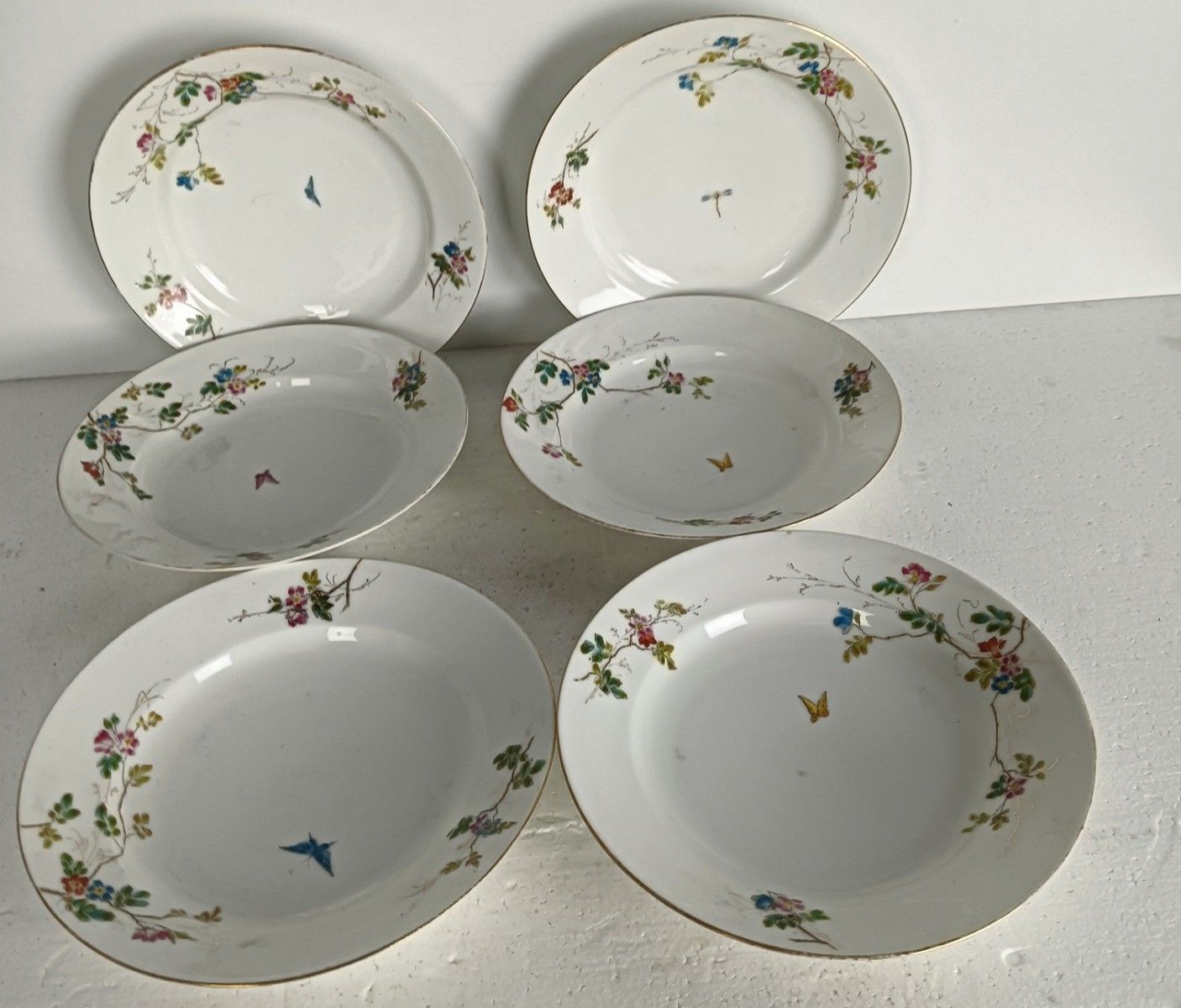 Set Of 6 Victorian Antique 19th Century Soup Plates Hand Painted Flowers Butterf