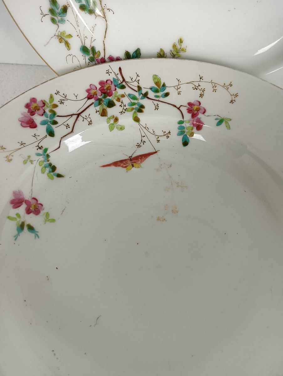 Set Of 6 Victorian Antique 19th Century Soup Plates Hand Painted Flowers Butterf photo vintage