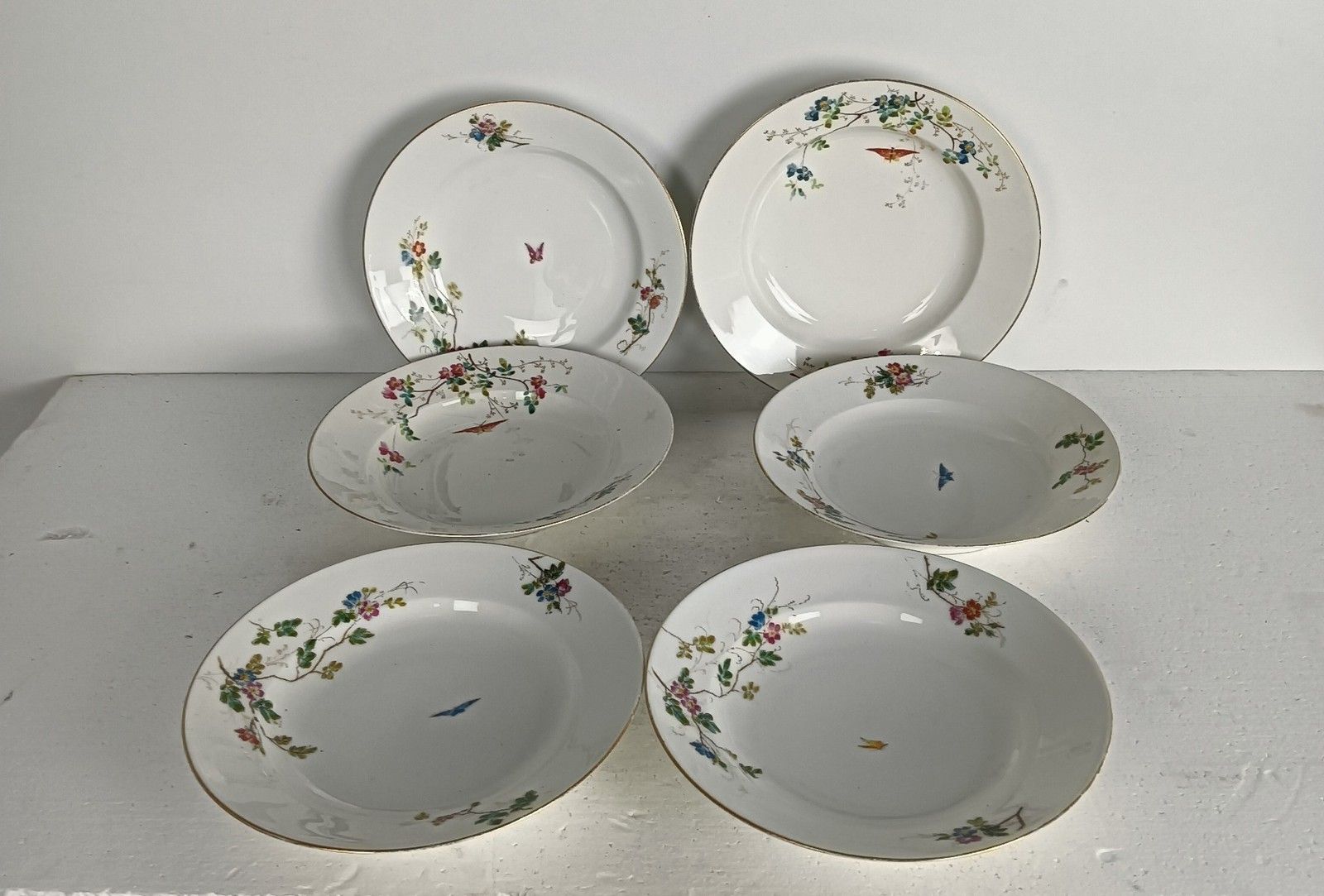 photo furniture Set Of 6 Victorian Antique 19th Century Soup Plates Hand Painted Flowers Butterf
